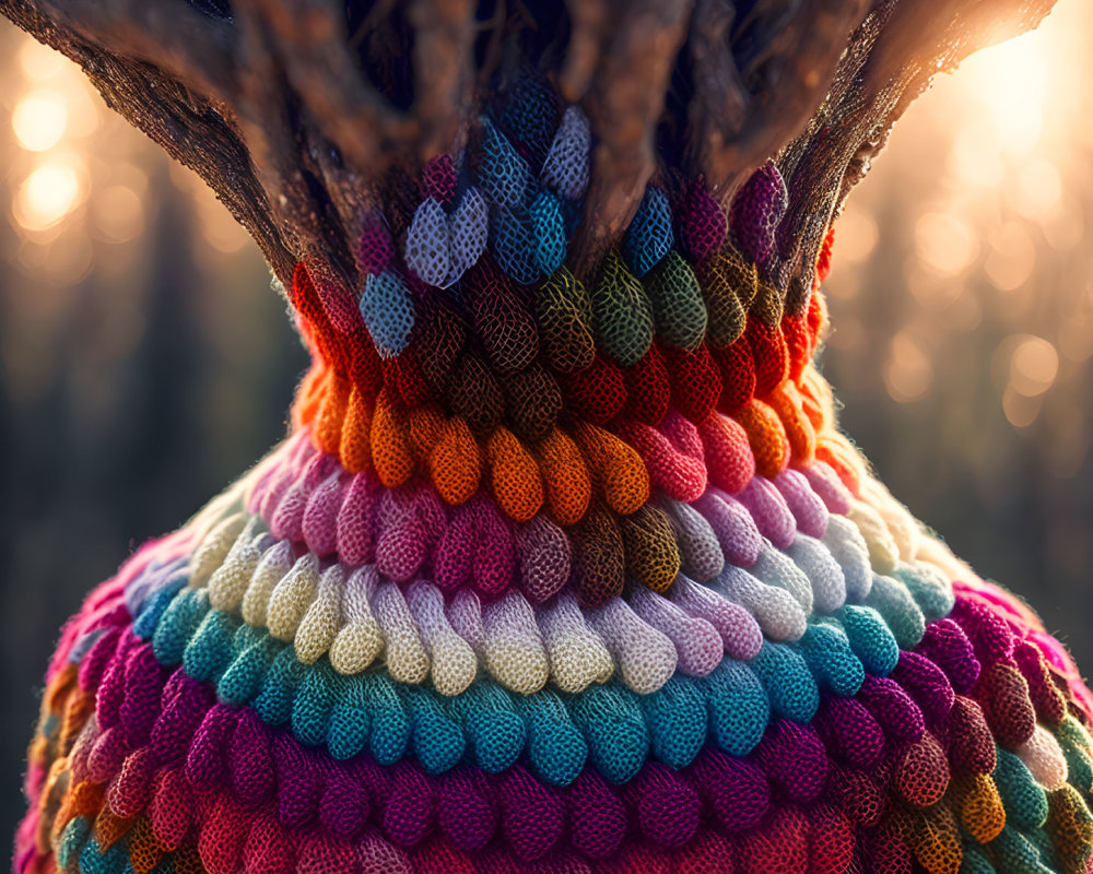 Colorful knitted tree cozy on tree trunk with forest background