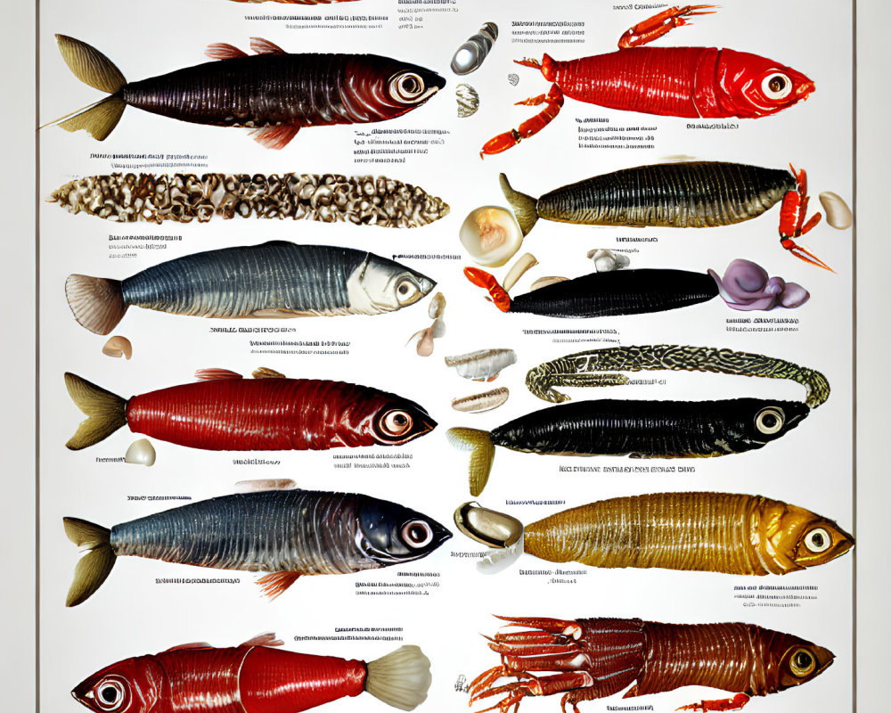 Grid format display of fish and crustaceans with annotations on white background