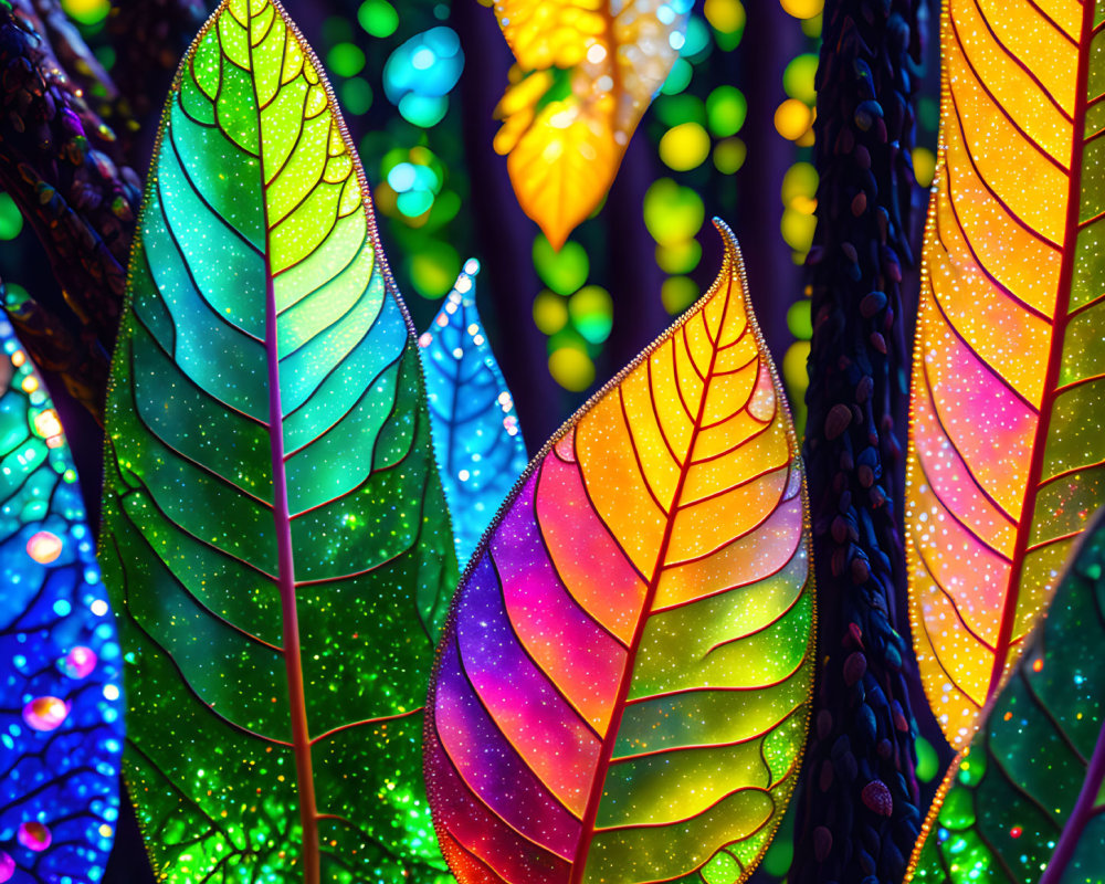 Colorful Neon-Like Leaves on Dark Background with Bokeh Lights