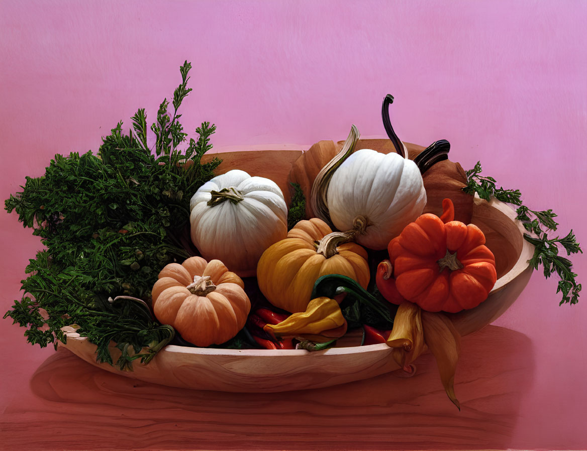 Colorful Pumpkins, Gourds, Herbs, and Chili Peppers in Wooden Bowl on