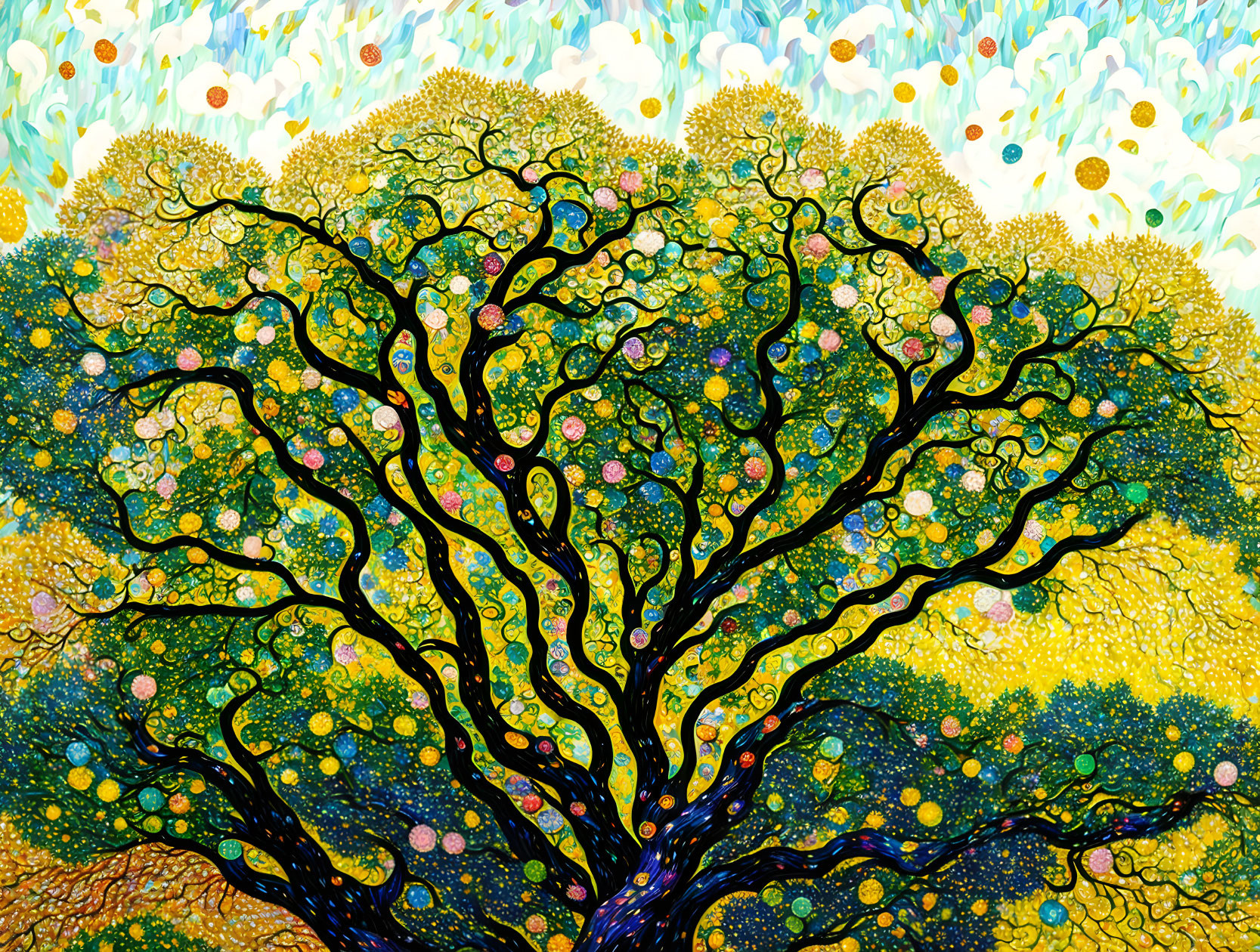 Colorful Stylized Tree Painting with Swirling Branches and Flowers