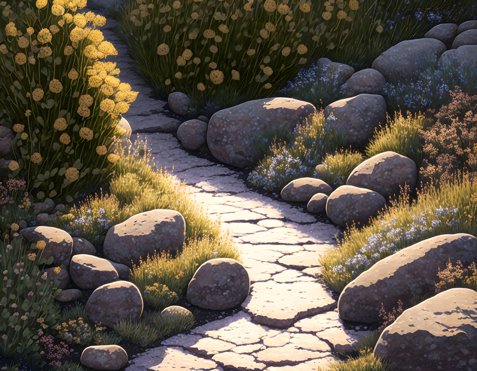 Tranquil garden path with cobblestones, rocks, and wildflowers in warm sunlight