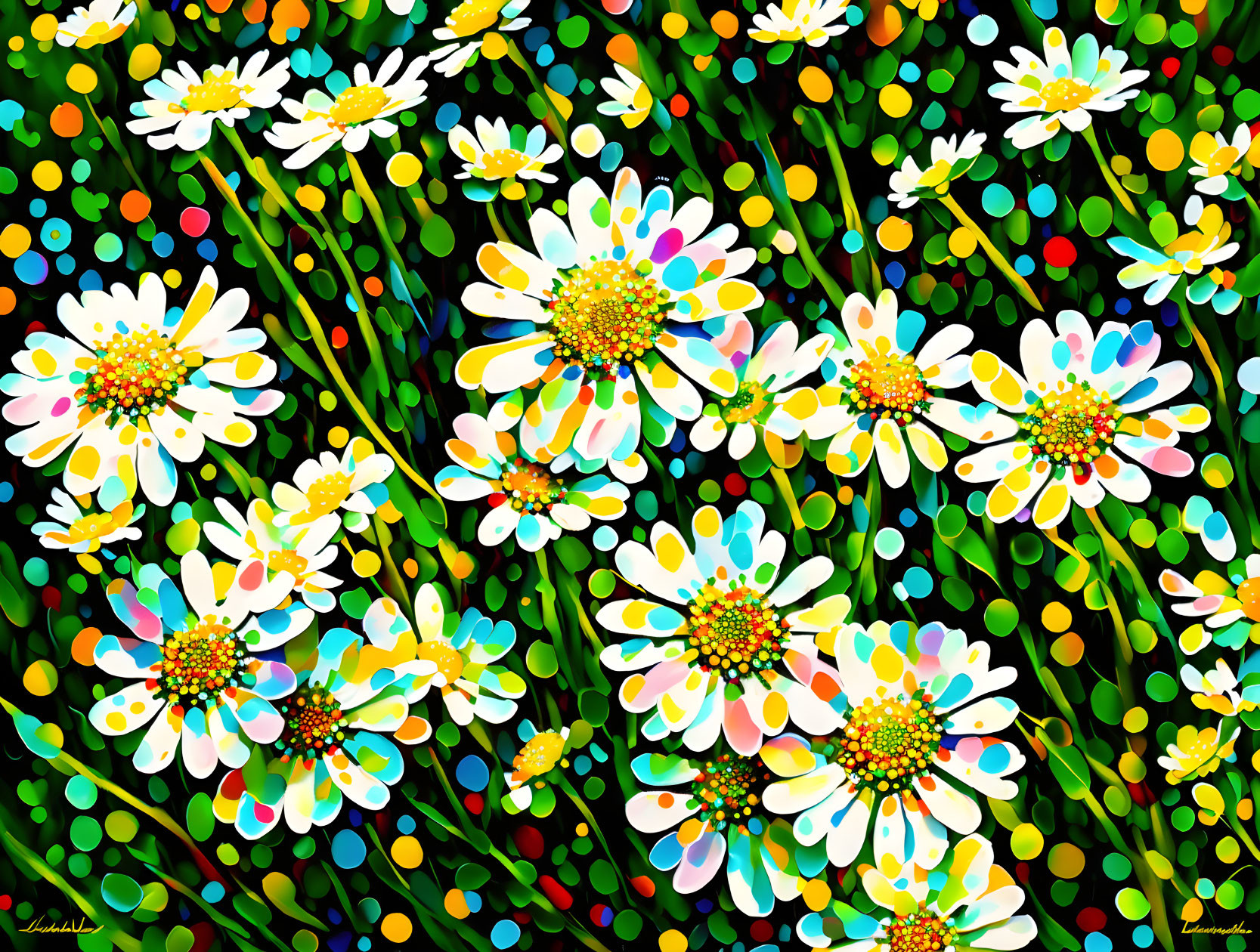 Colorful painting of white daisies with multicolored centers on dotted black background