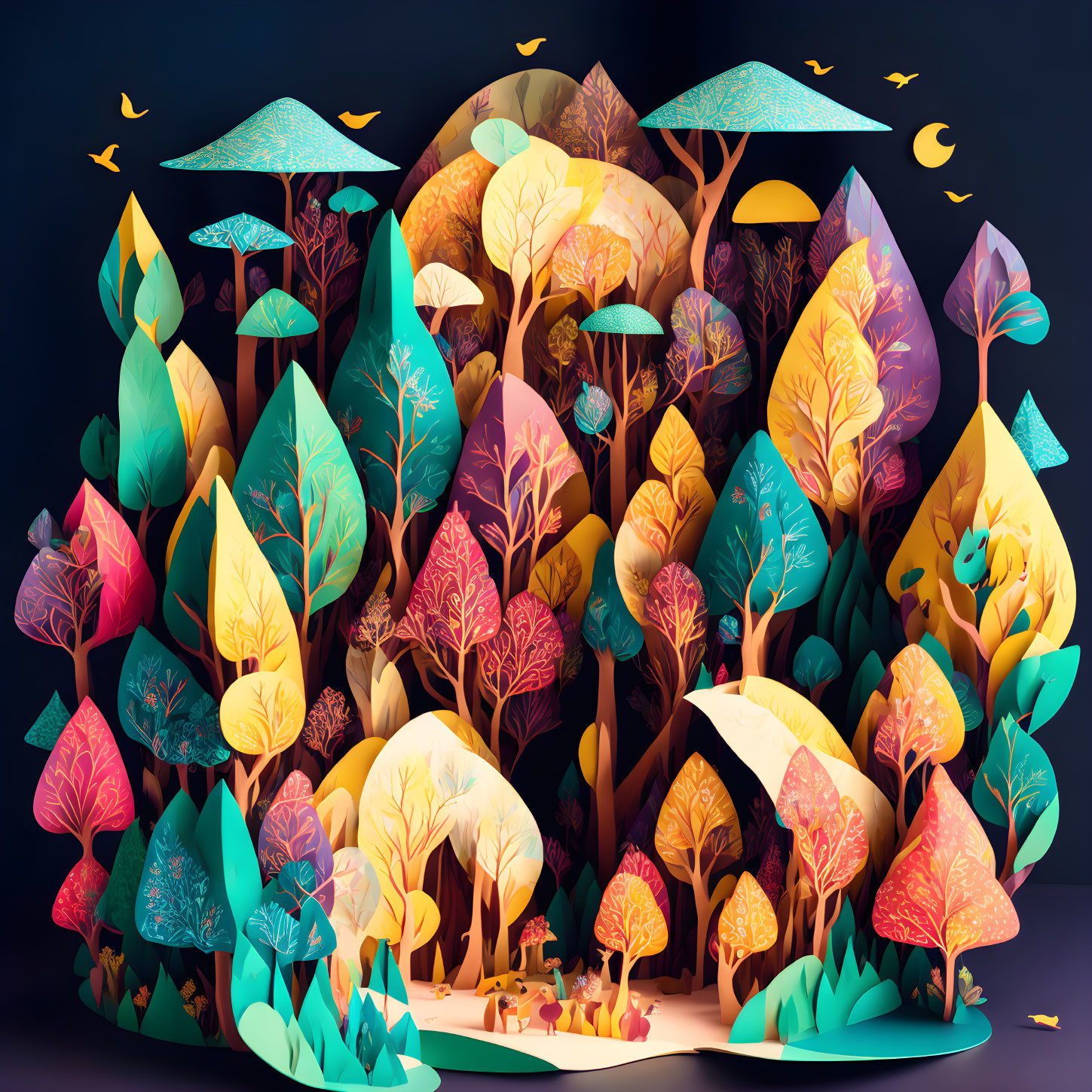 Colorful Stylized Forest with Oversized Leaves & Whimsical Shapes