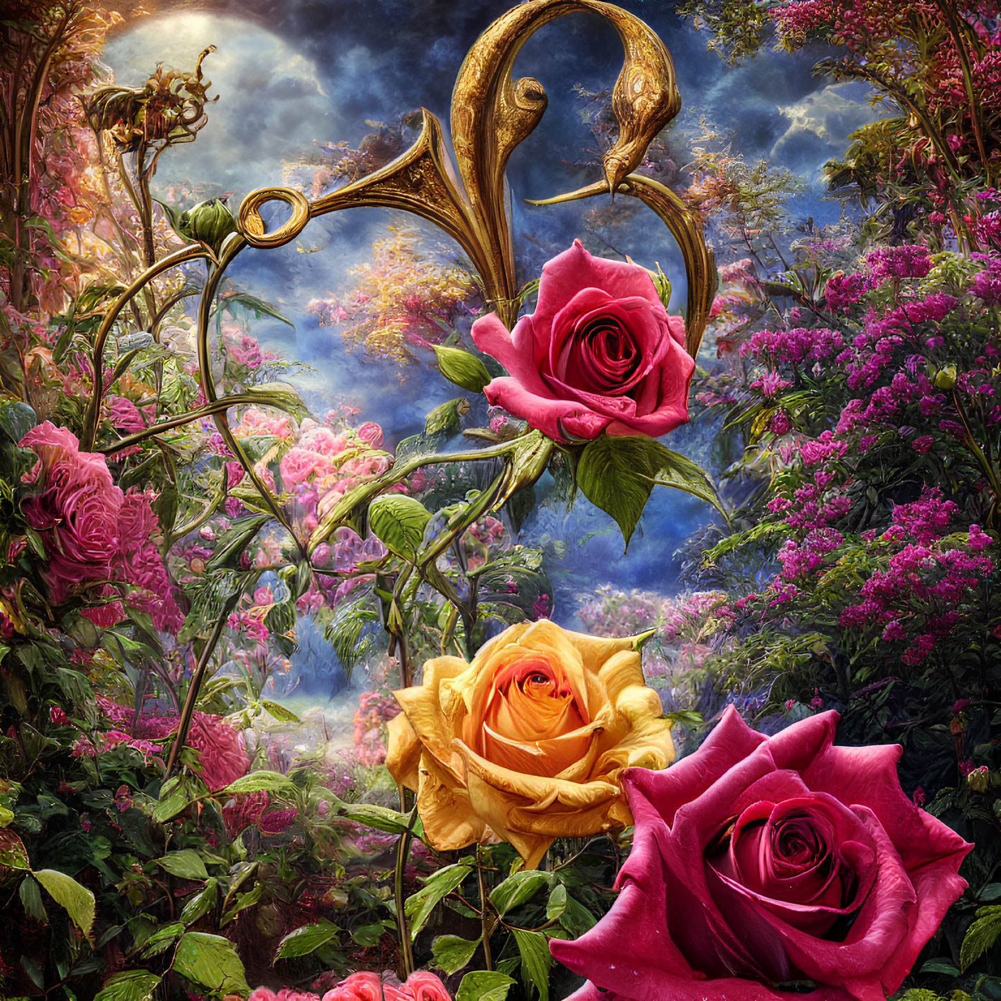 Vibrant pink and yellow roses in fantastical garden scene