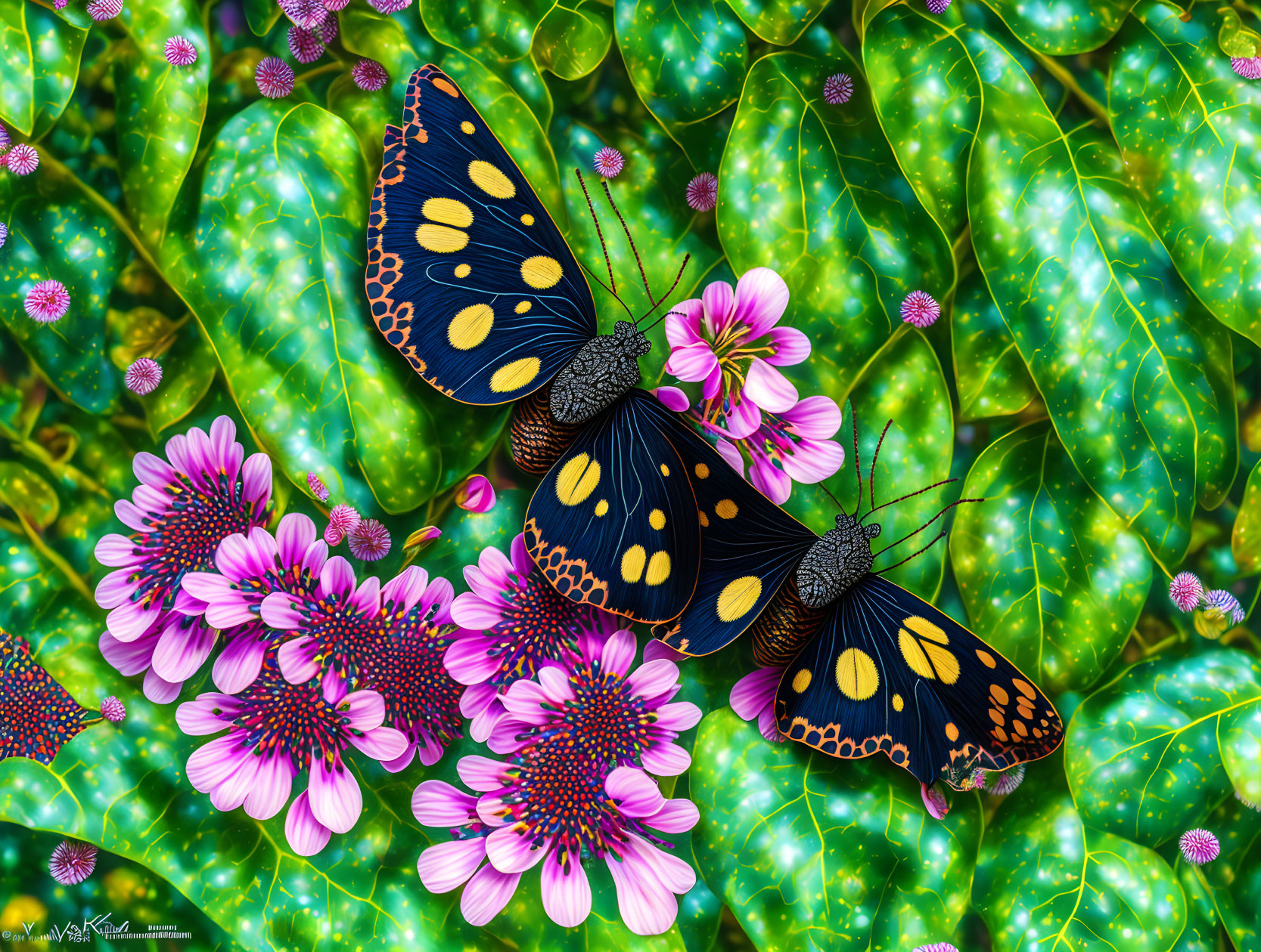 Black and Orange Butterflies on Pink Flowers with Dewy Green Leaves