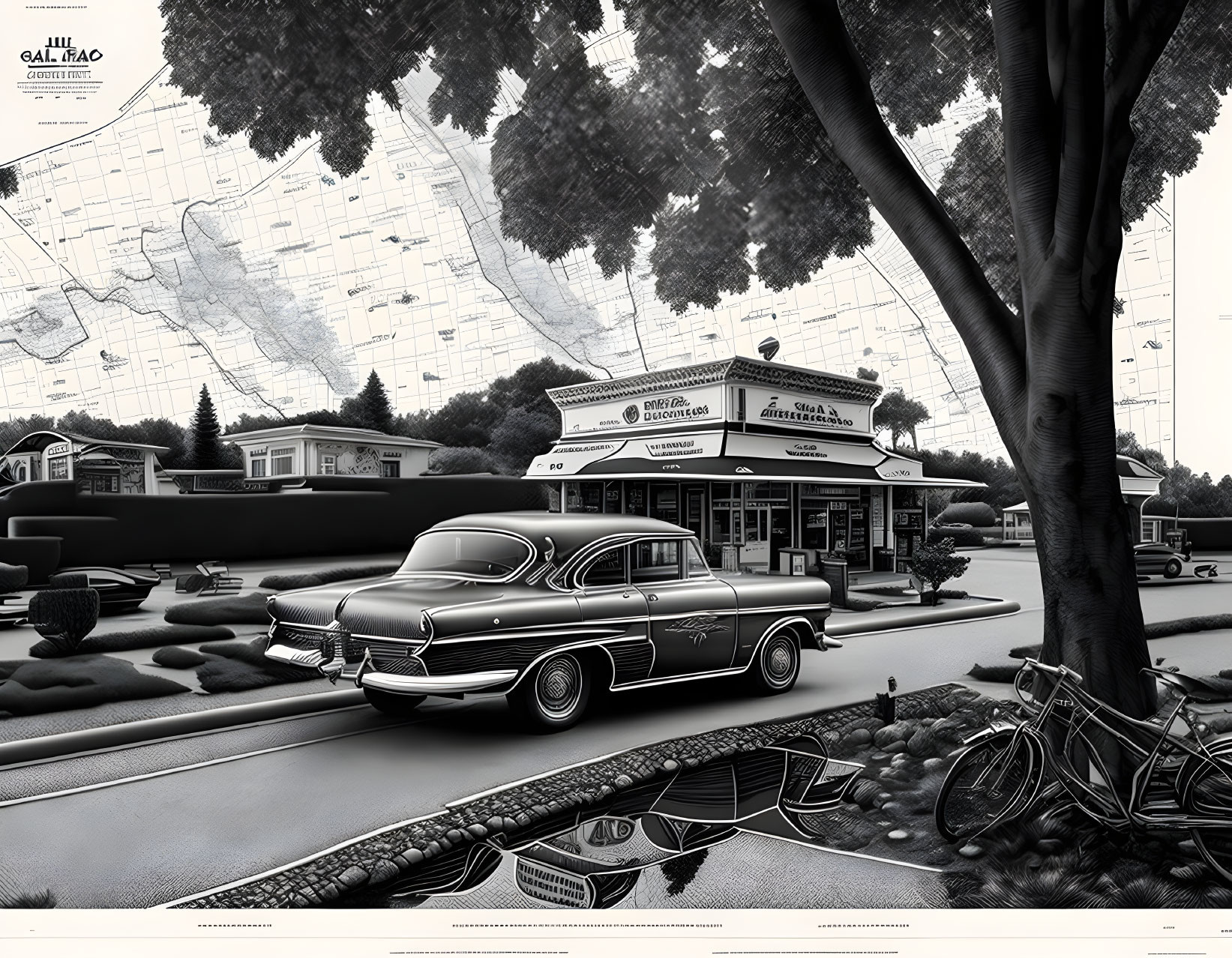 Monochrome illustration of classic car near old-style diner, tree, bicycle, rowboat, and map