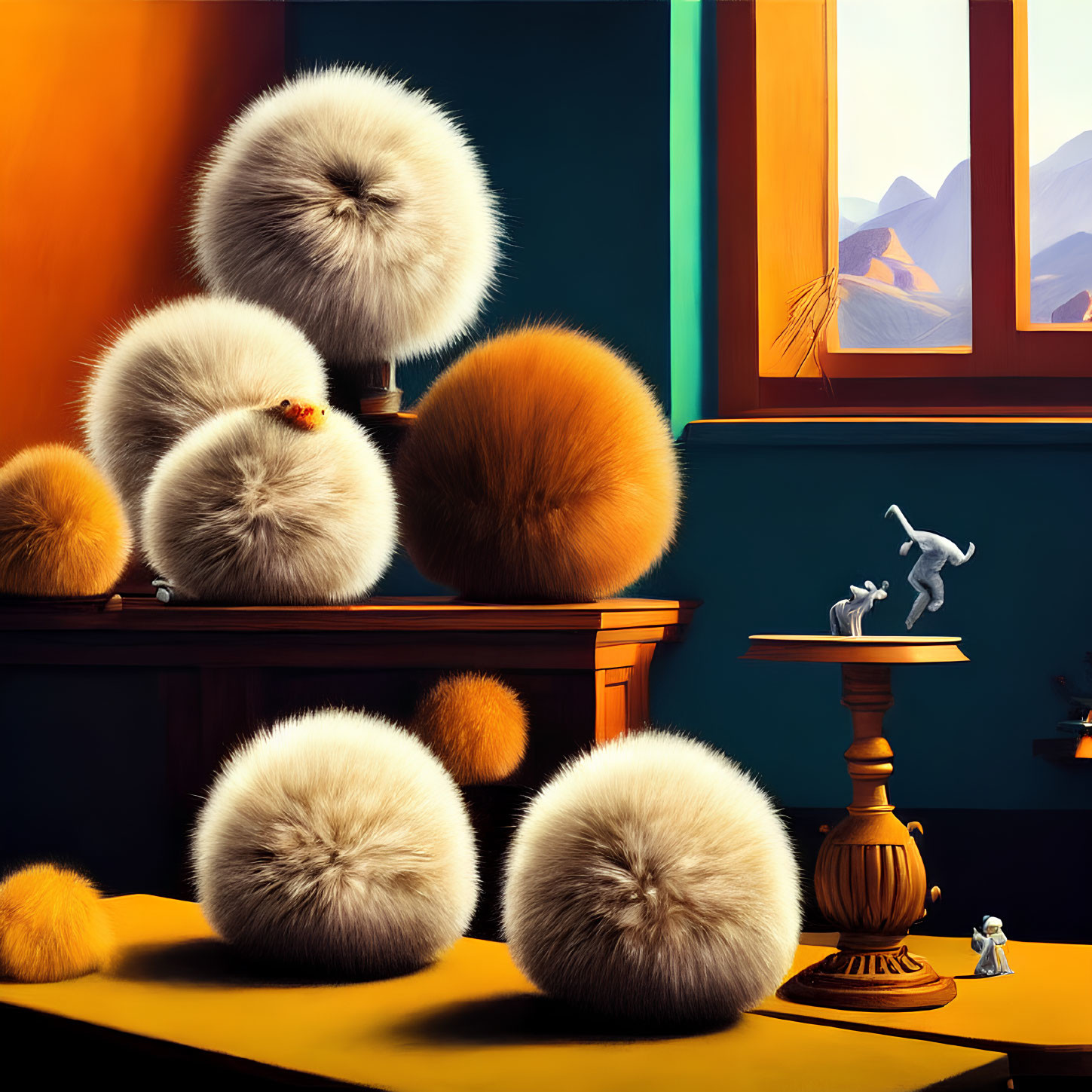 Fluffy Round Animal Paintings in Room with Mountain View