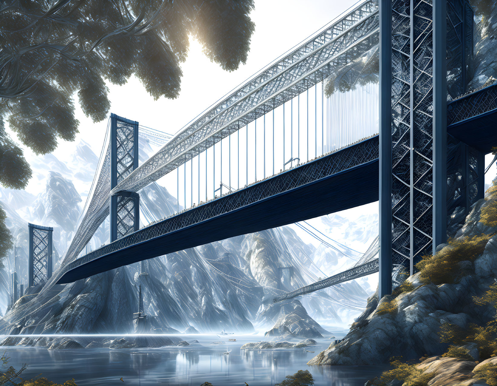 Misty river landscape with large blue suspension bridge