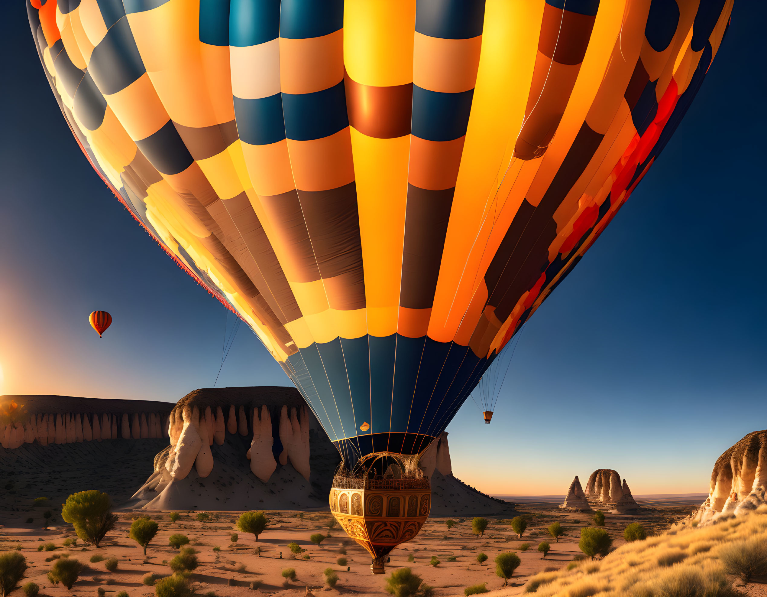 Colorful hot air balloons soar over desert cliffs on a sunny day