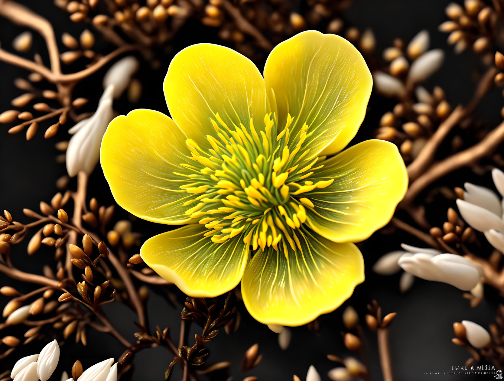 Detailed Yellow Flower with Green Center on Dark Background