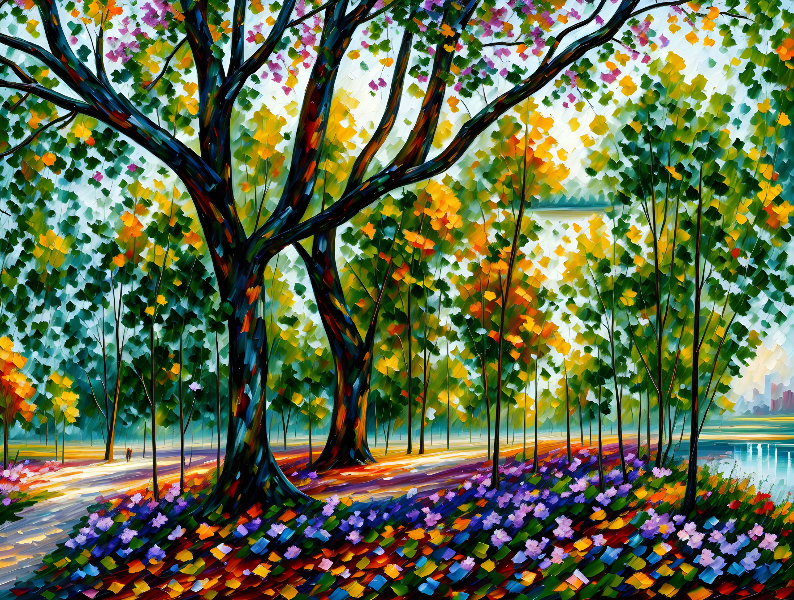 Colorful Autumn Park Painting with City Skyline View