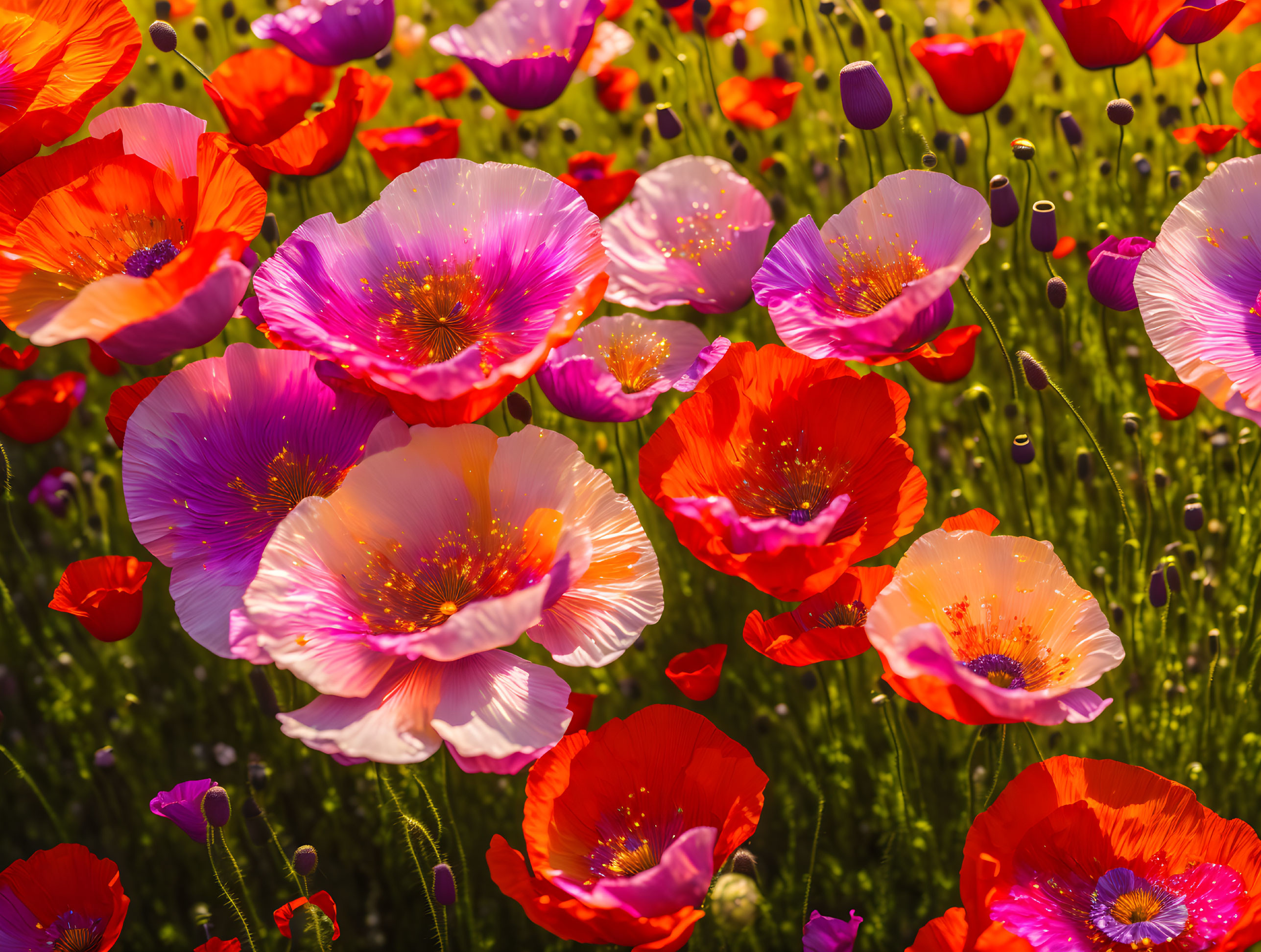 Colorful Blooming Poppy Field in Red, Pink, and Orange