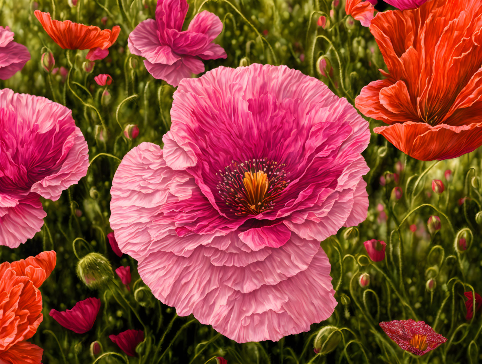 Colorful pink and red poppies in a green field