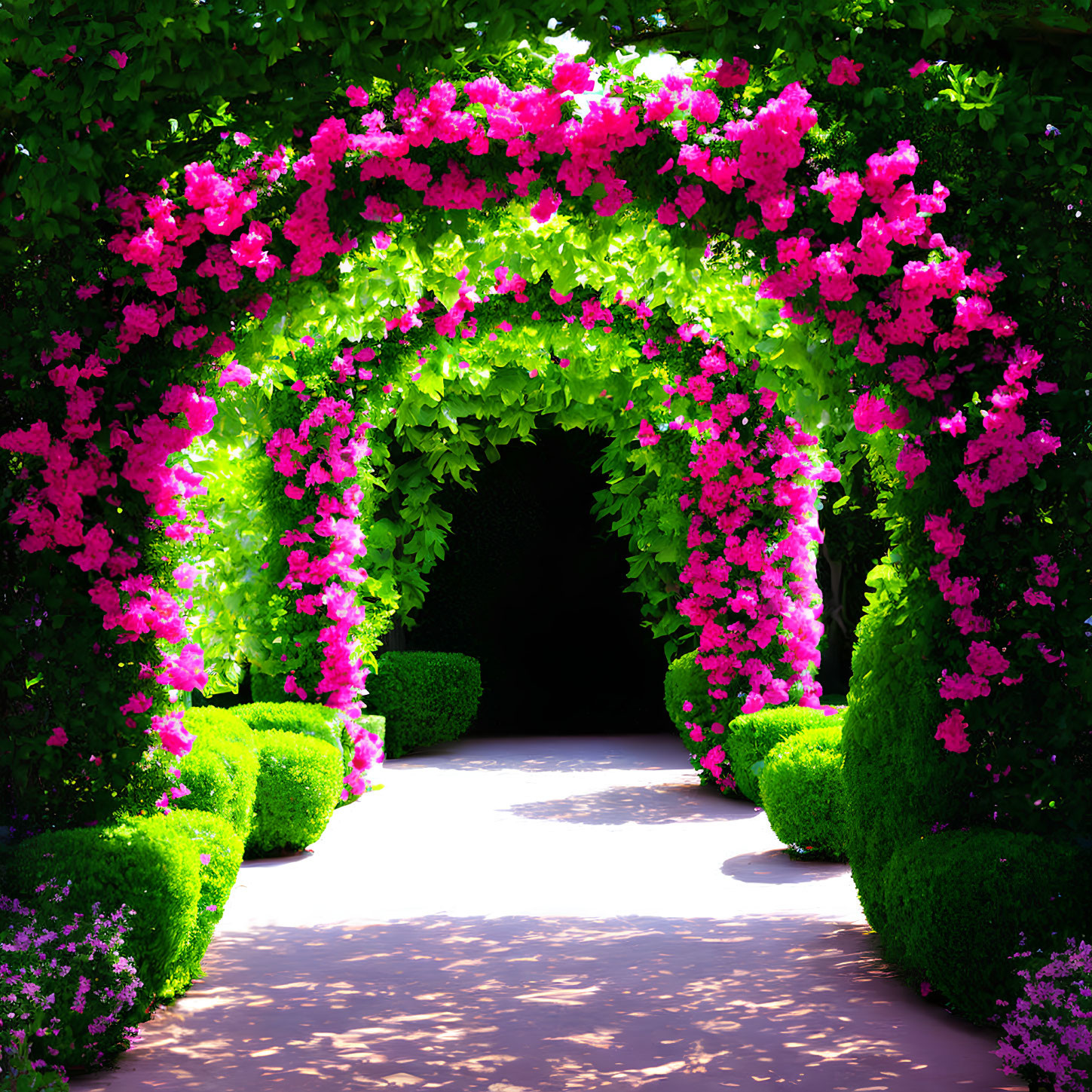 Vibrant pink flowers on lush garden pathway