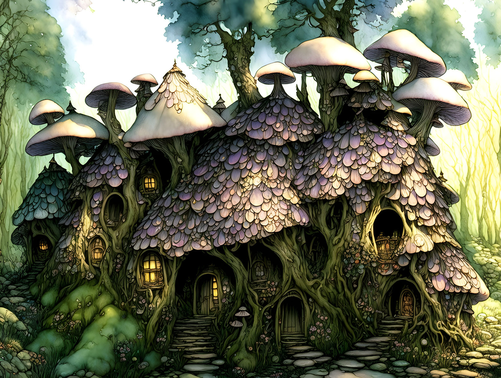 Whimsical mushroom houses in lush forest setting