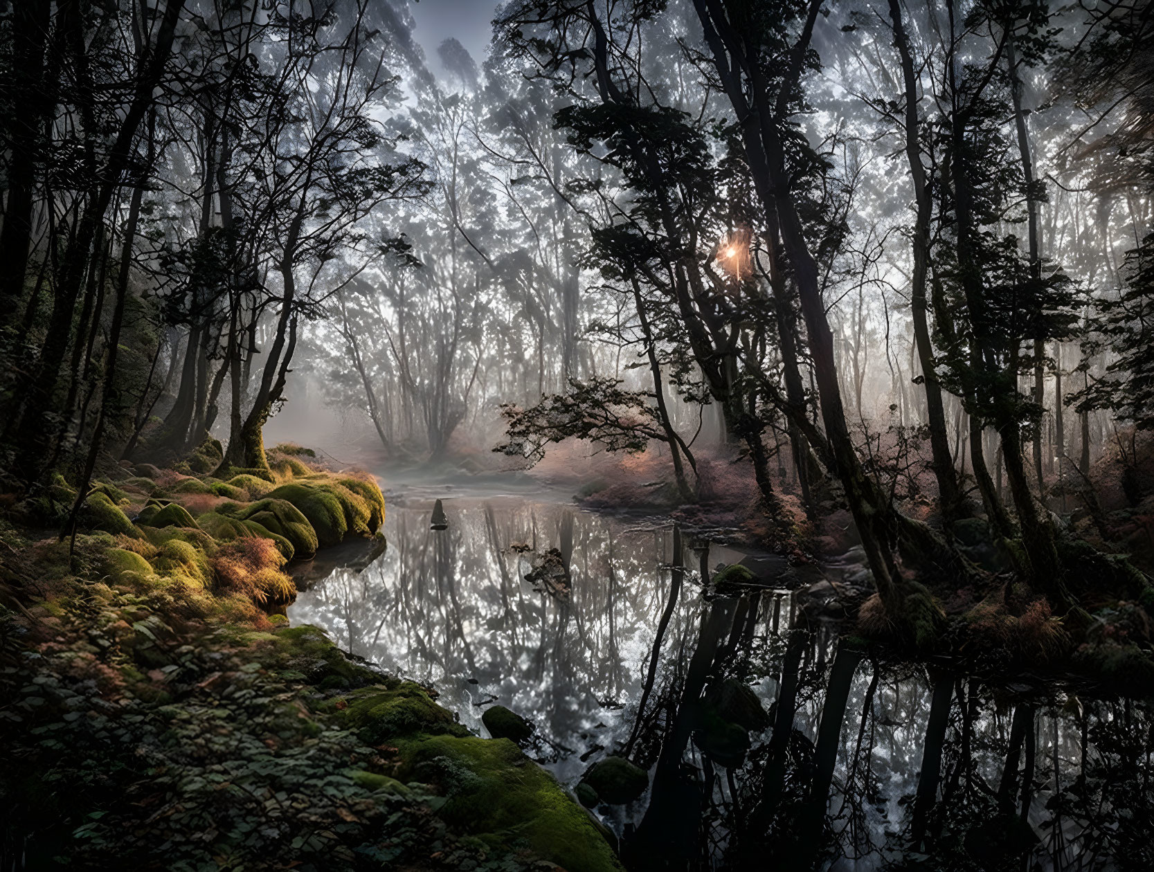 Tranquil Forest Scene with Sunlight, Moss, and Water