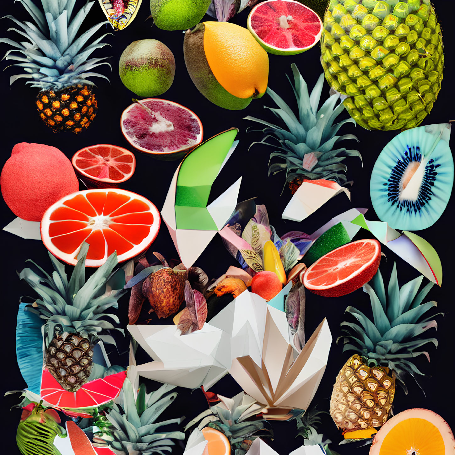 Colorful Fruit and Geometric Shapes Collage on Dark Background