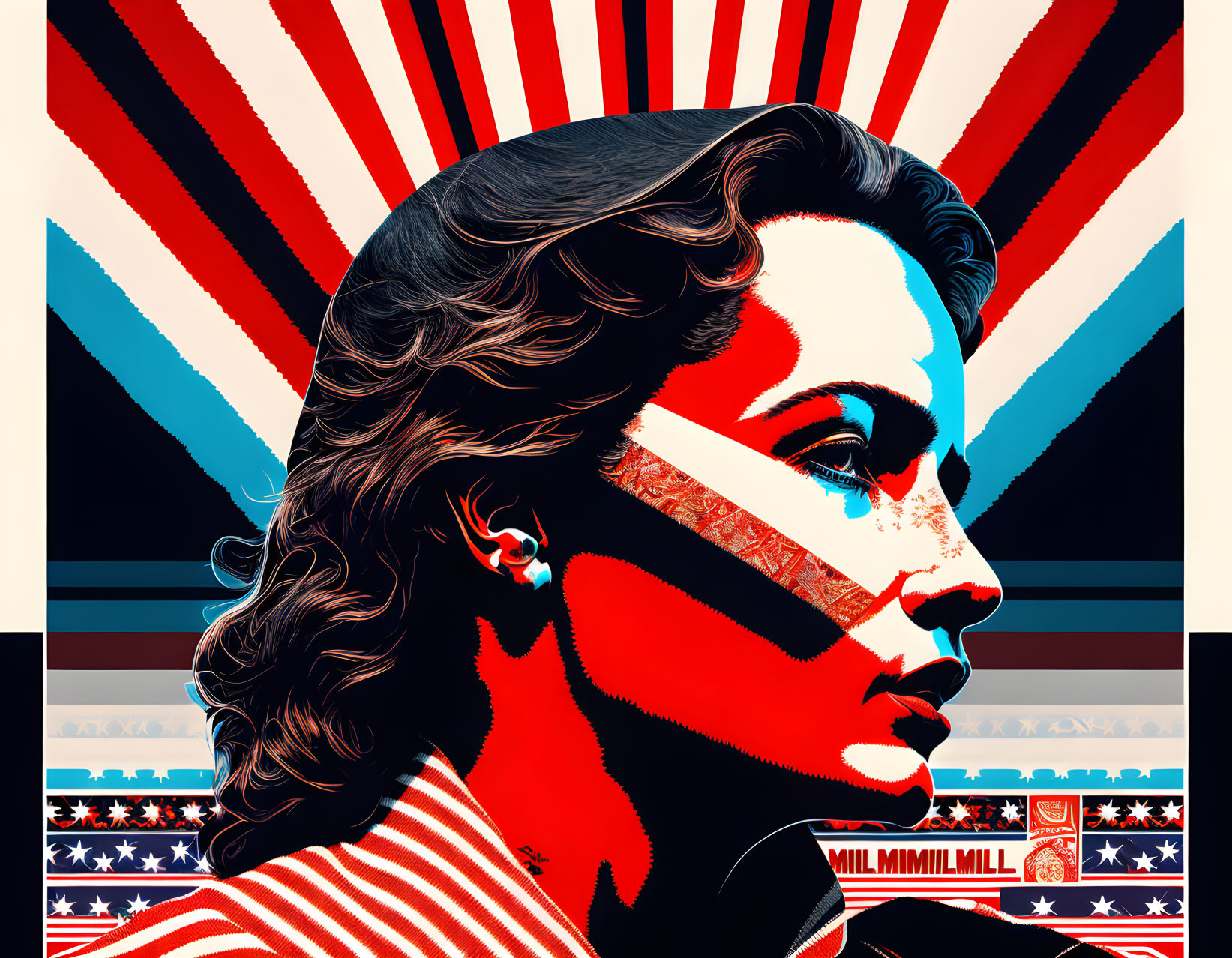 Stylized graphic portrait of woman against American flag backdrop