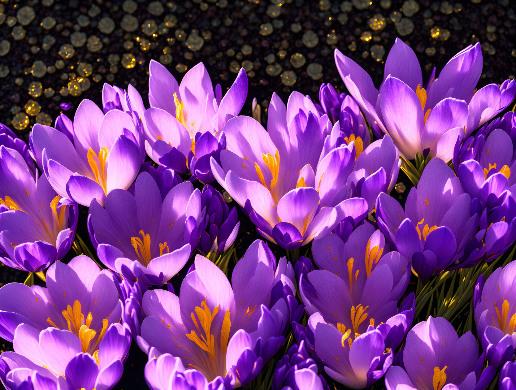 Vibrant purple crocuses with yellow stamens on dark speckled backdrop