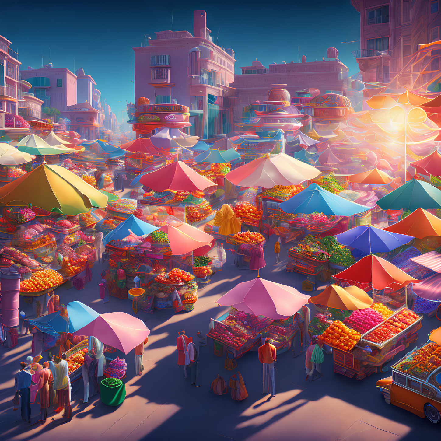 Colorful Street Market with Fruit Stalls and Futuristic Floating Devices