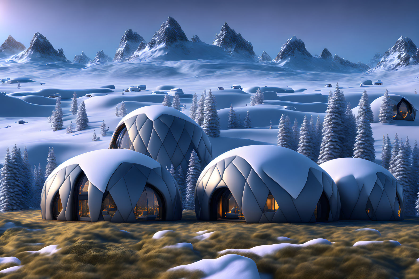 Snow-covered trees framing futuristic domed structures in twilight landscape