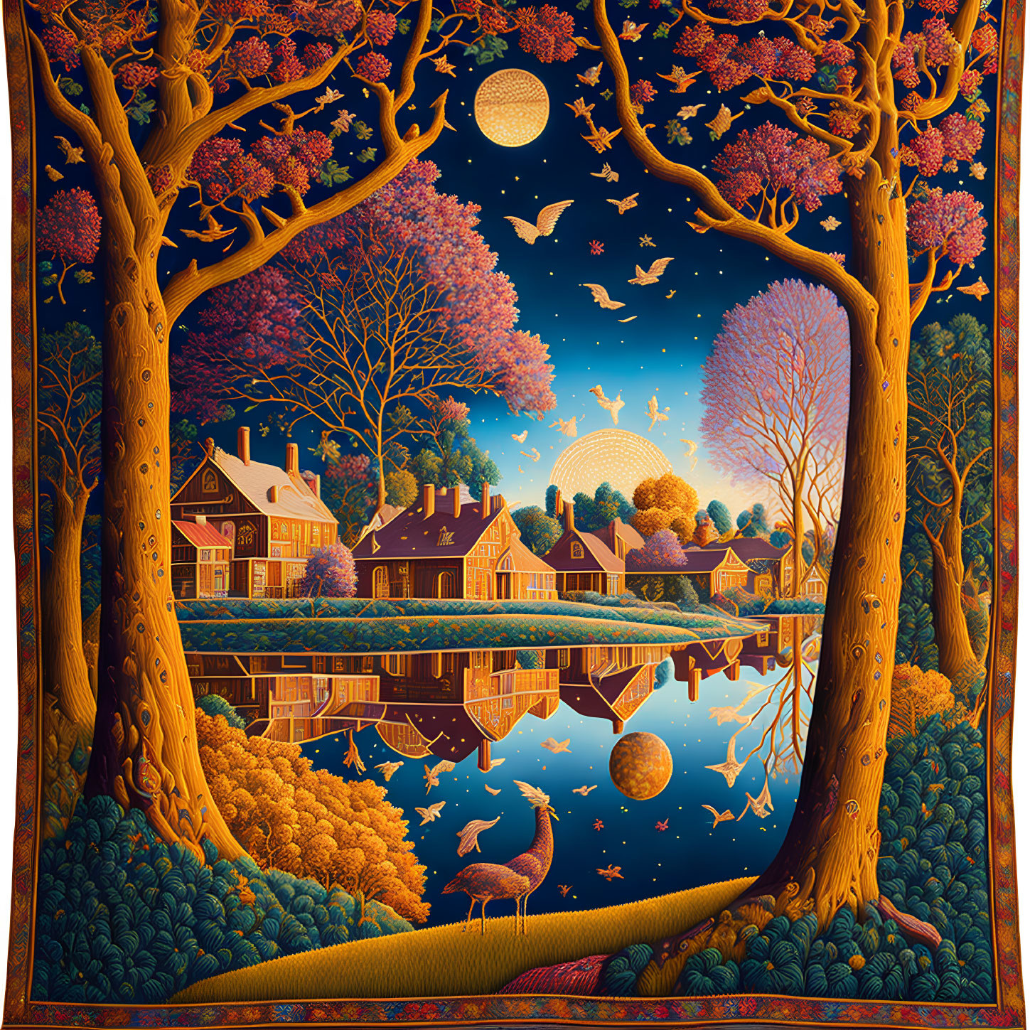 Surrealist landscape with mirrored lake, village, and star-filled sky