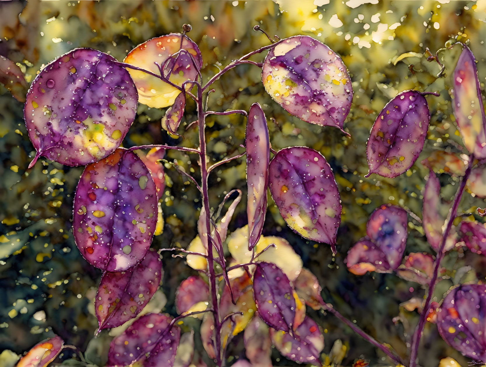 Vibrant purple and yellow leaves with dewdrops on blurred golden background