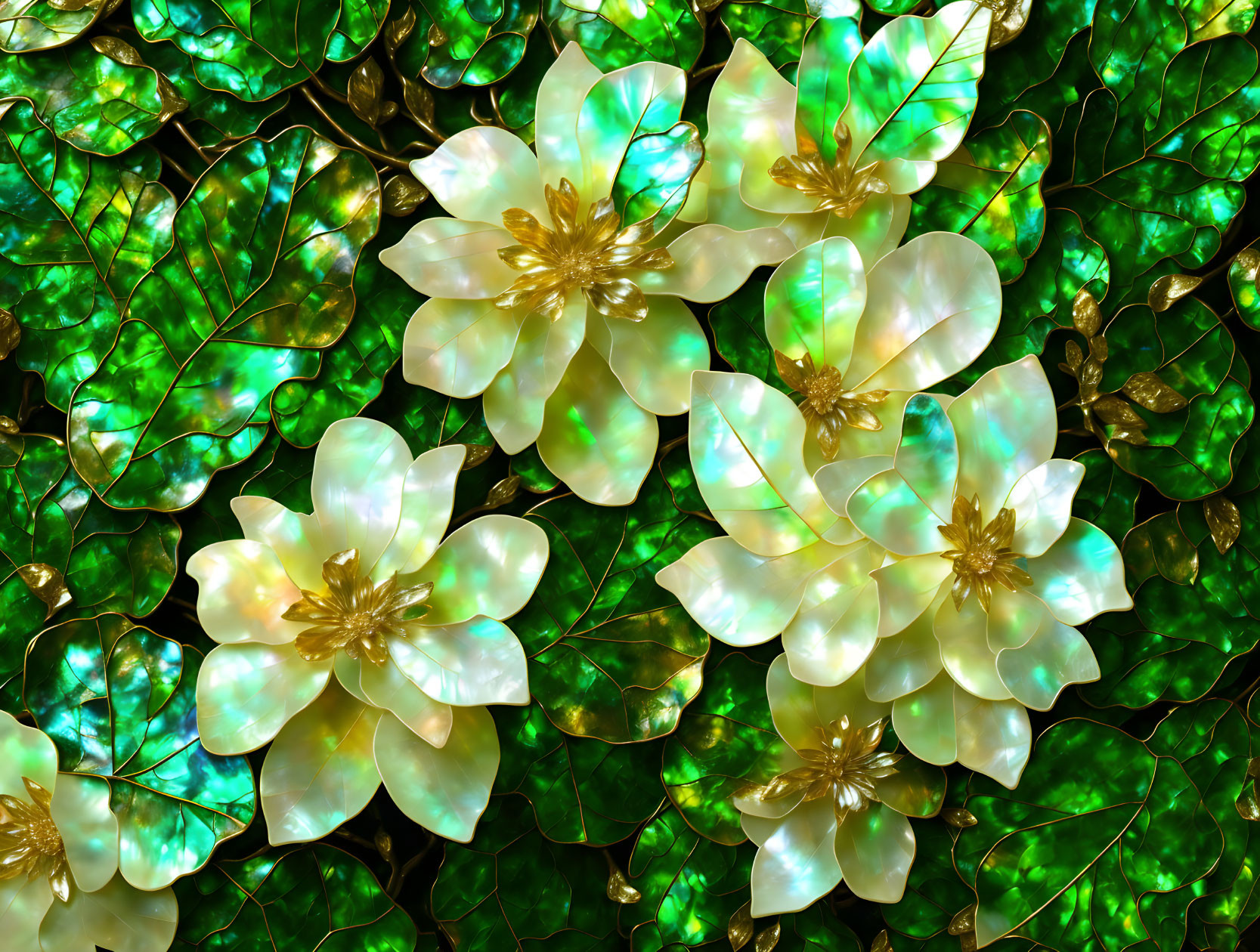 Close-up Image of Iridescent White Flowers with Golden Stamens