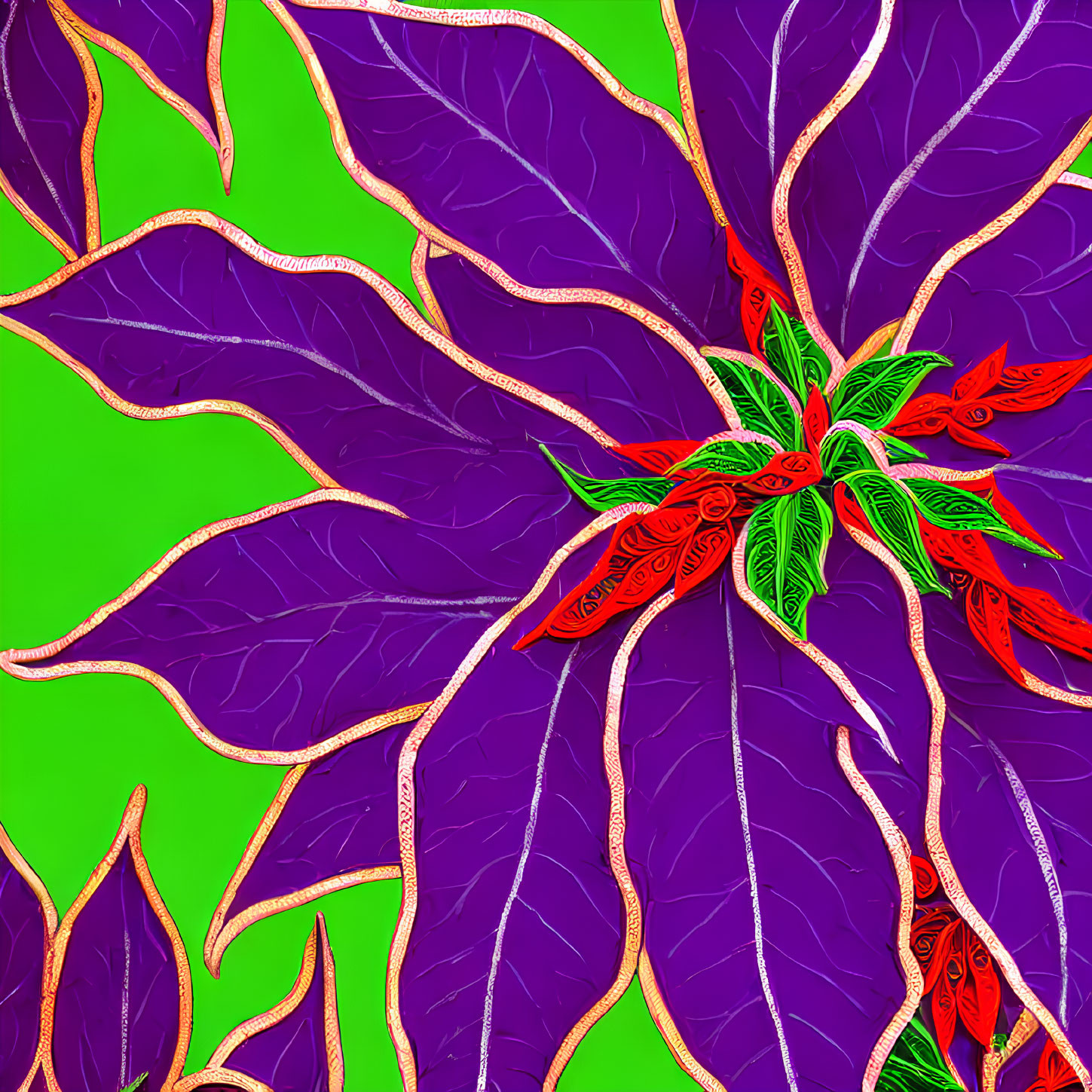 Colorful digital artwork featuring stylized purple leaves with gold and red patterns on green.