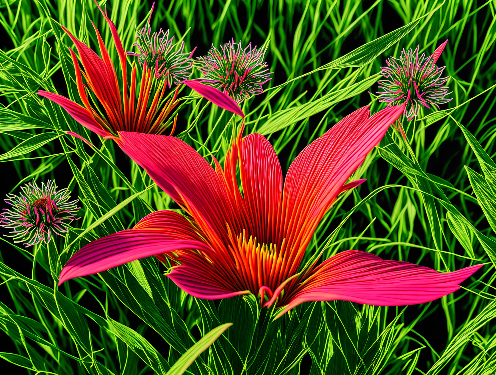 Vibrant Red Flower with Elongated Petals and Yellow Stamen in Green Grass