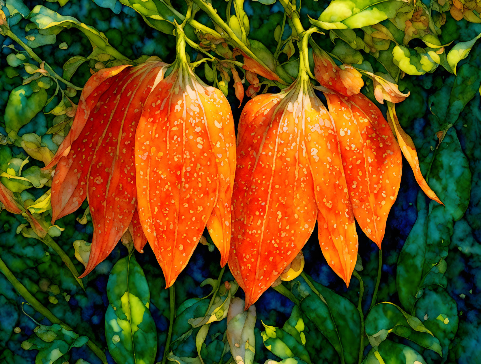 Vibrant Orange Bell-Shaped Flowers on Green Leafy Background