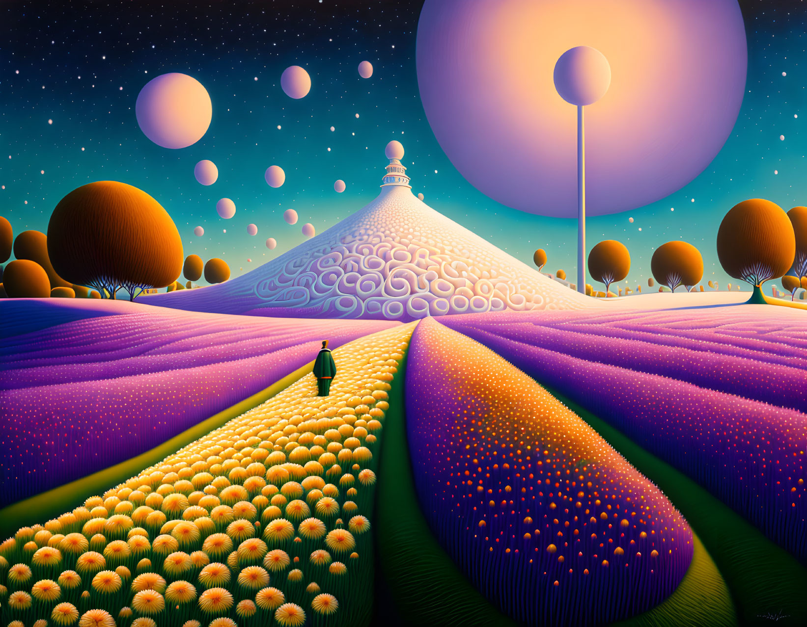 Surreal landscape with person walking towards domed structure and glowing orbs