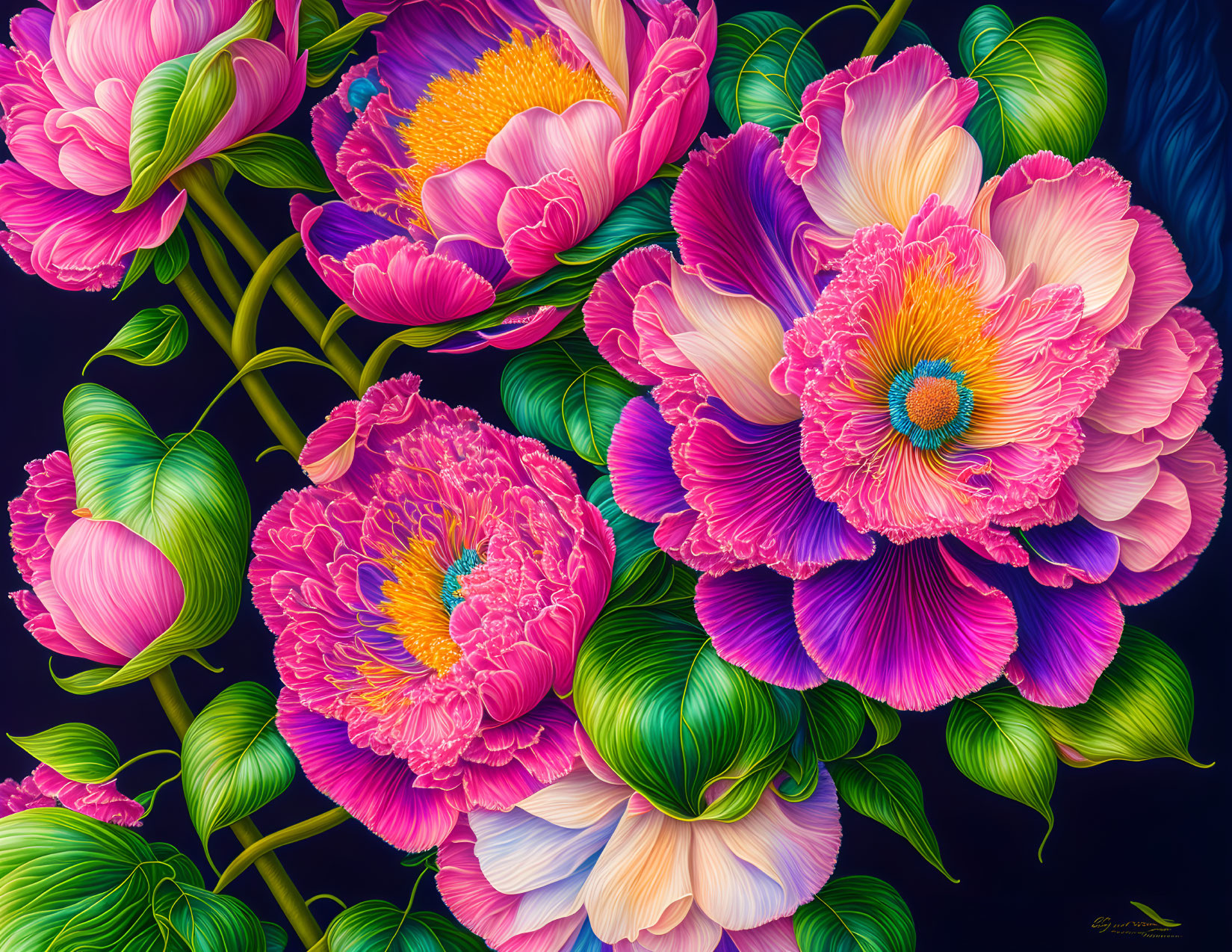 Colorful digital artwork featuring pink and purple peonies on a dark background.