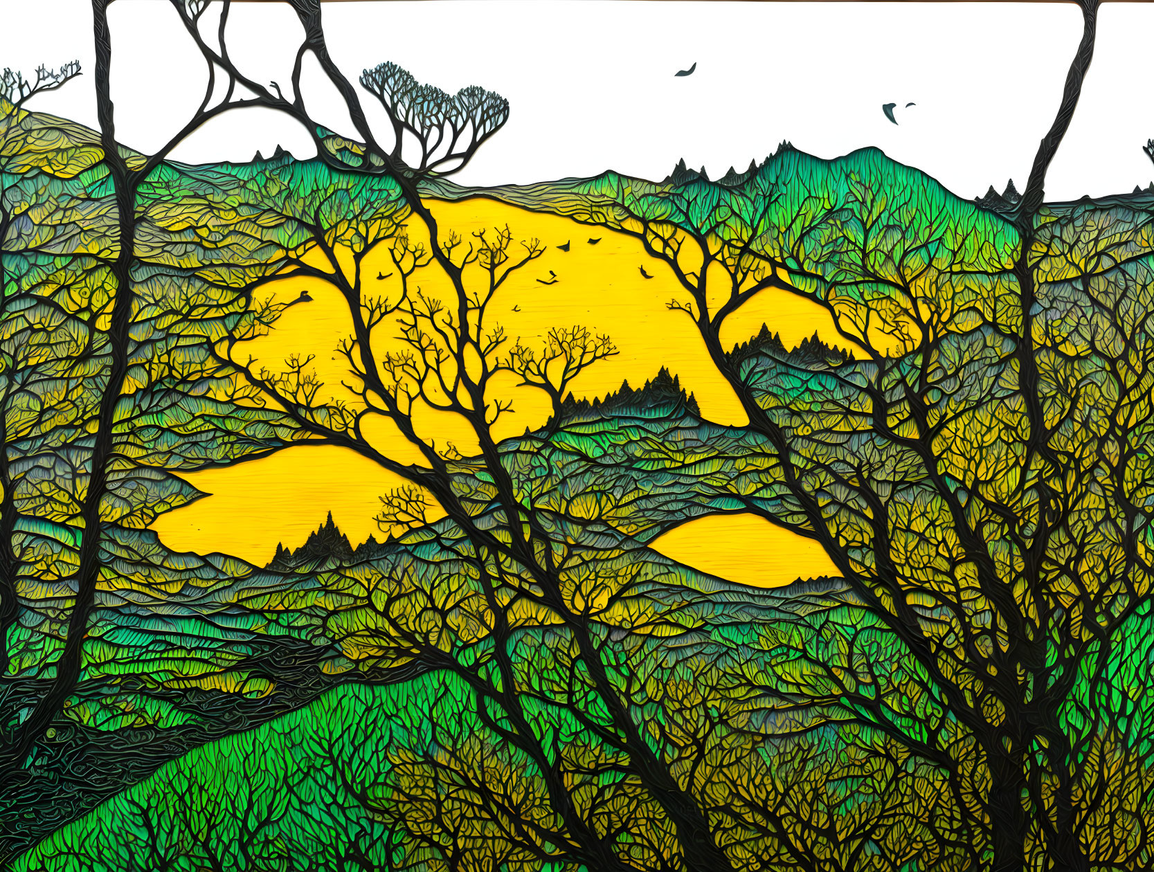 Colorful artwork: Silhouetted trees in yellow sunset with birds and intricate branches