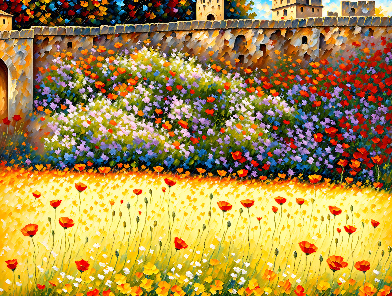 Colorful Impressionist Painting of Flowers and Castle Towers