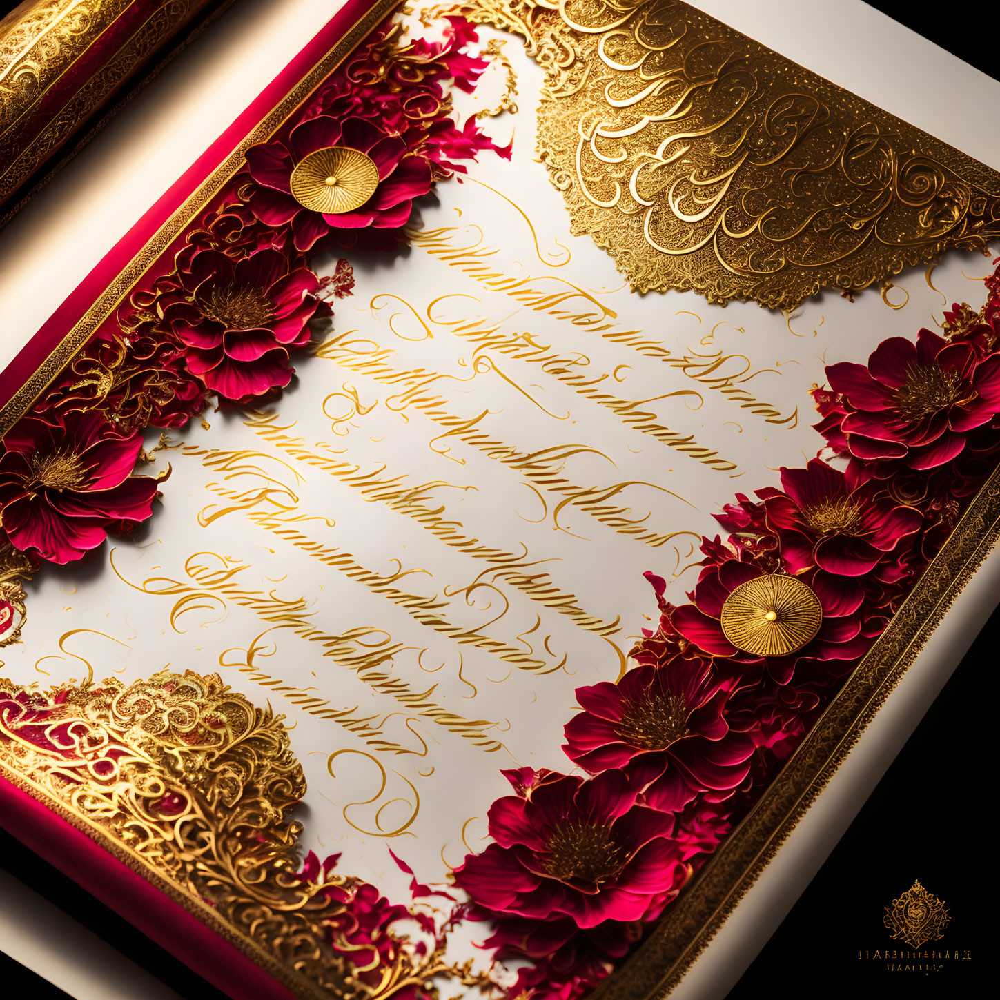 Luxurious Gold Embossed Floral Invitation Card with Deep Red Accents