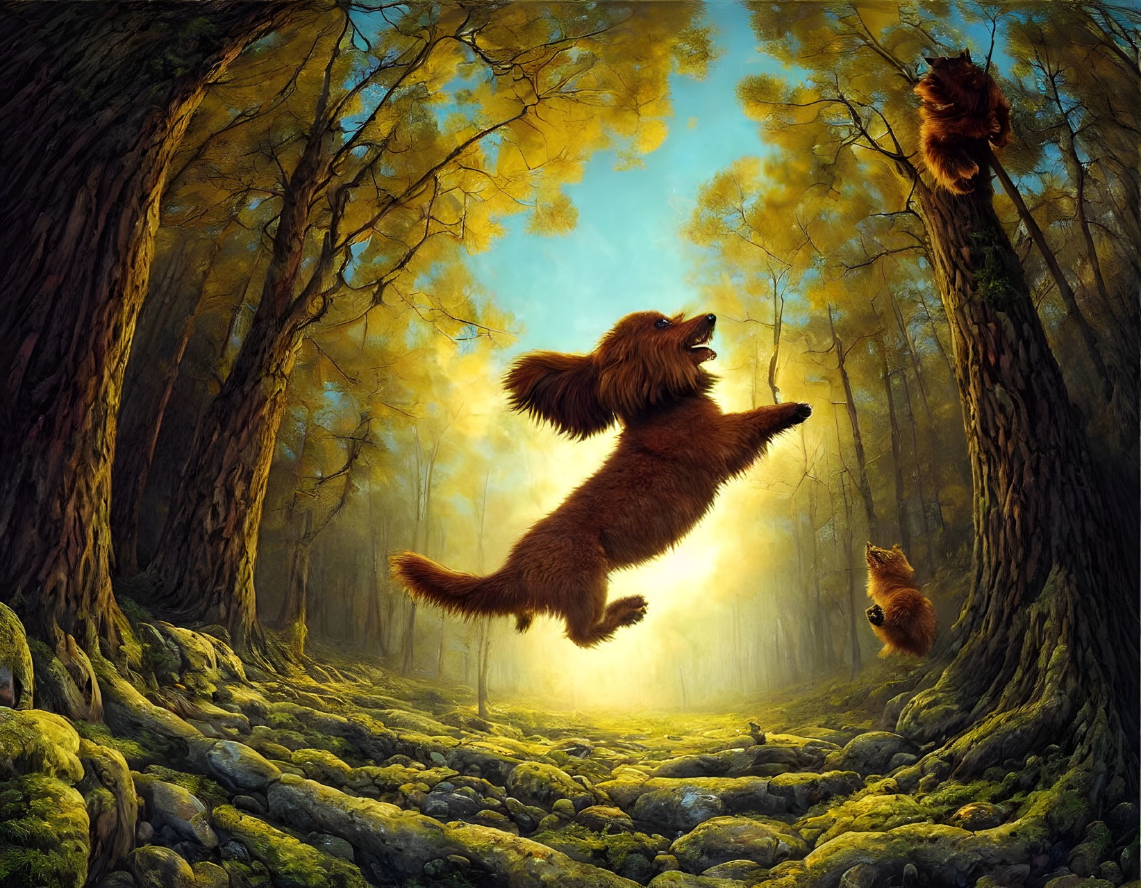 Fluffy dog jumping in sunlit forest with two smaller dogs