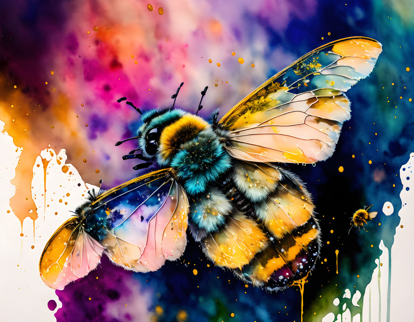 Colorful artwork: Bee with translucent wings in cosmic-themed setting