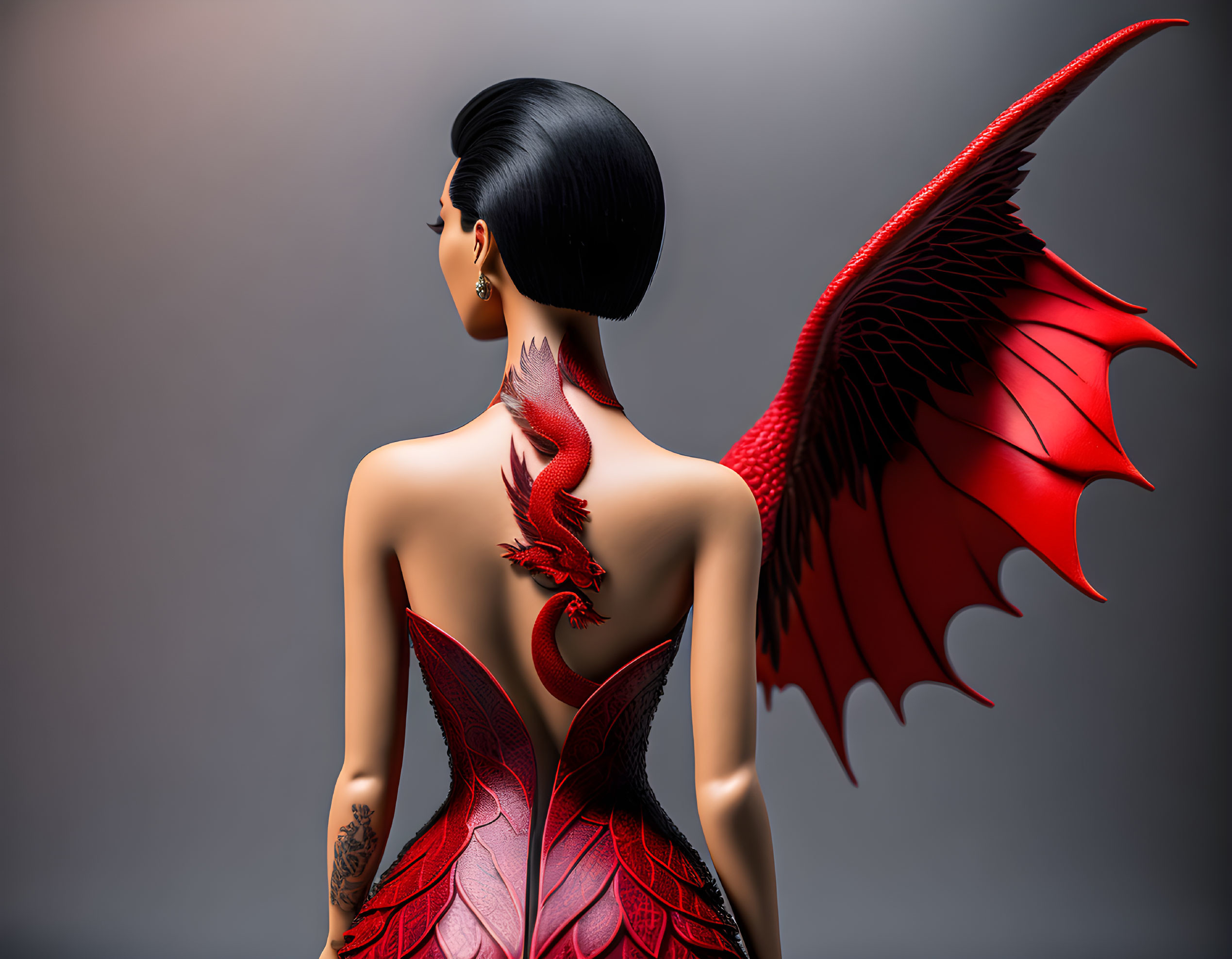 Elaborate red dragon tattoo on woman's back with wings, black updo hairstyle, gray background