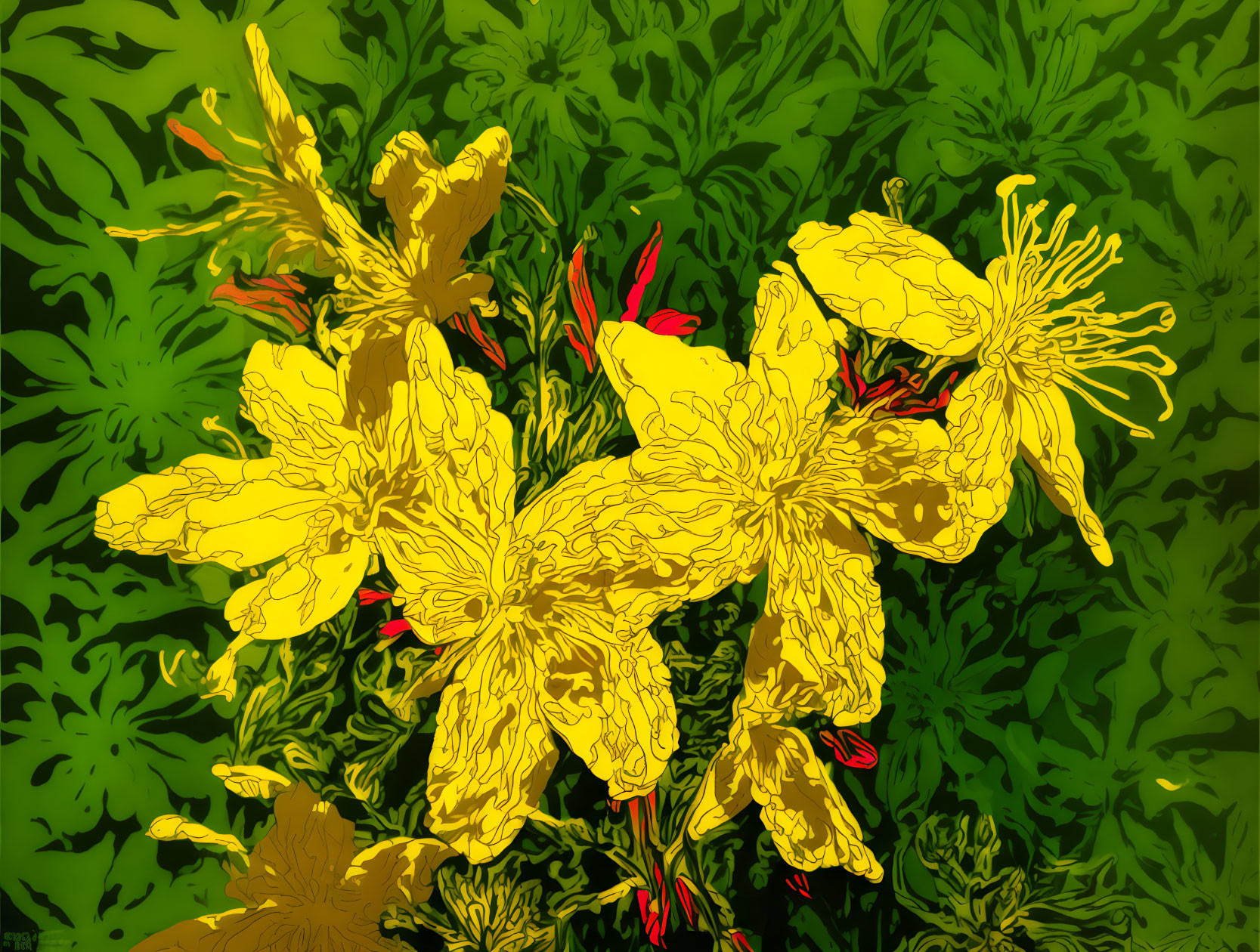 Vibrant Yellow Flowers Illustration on Dark Green Background