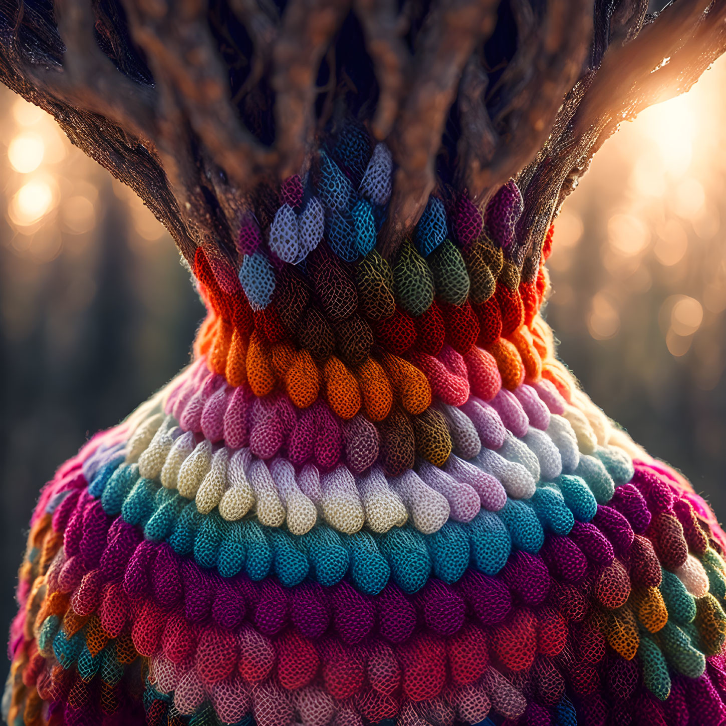 Colorful knitted tree cozy on tree trunk with forest background