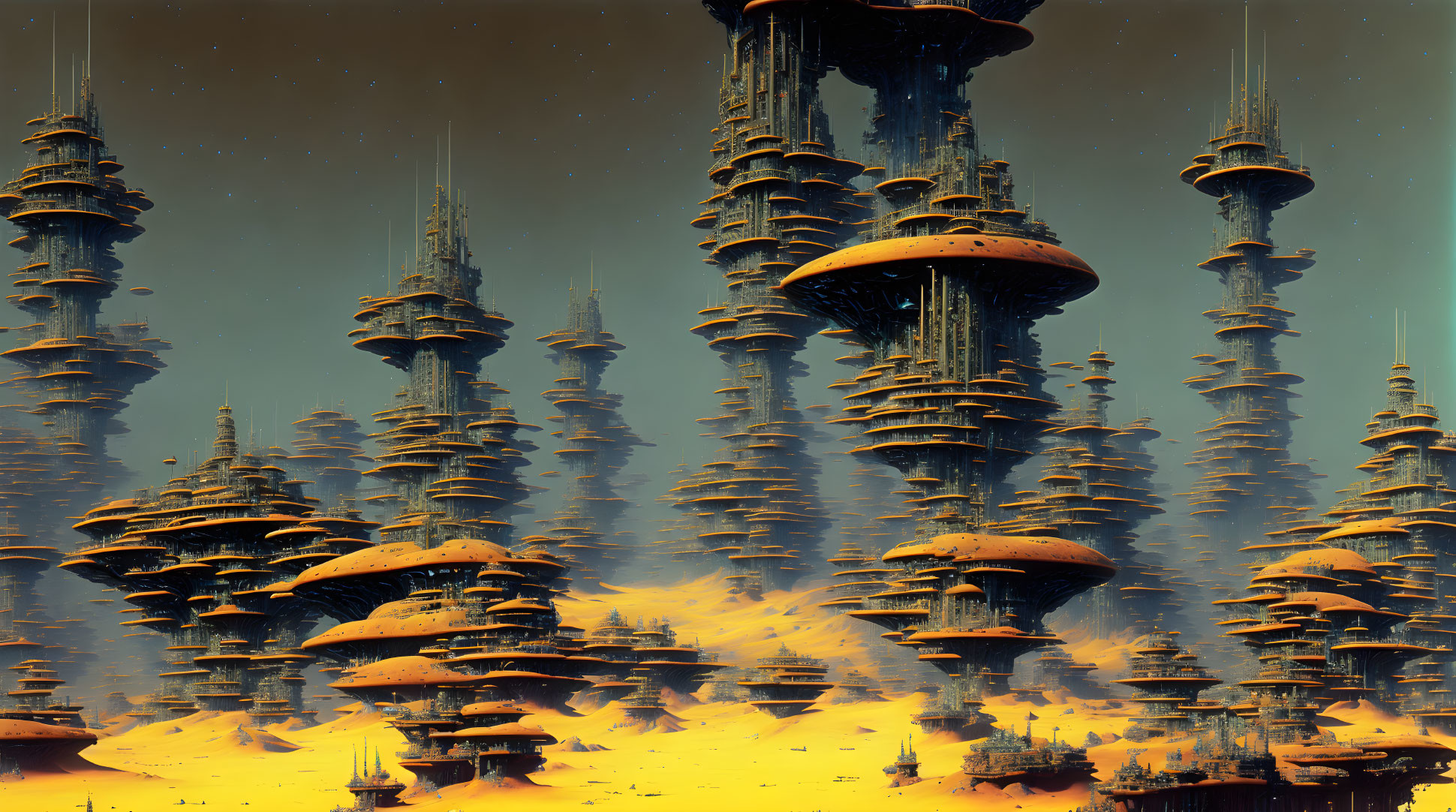 Futuristic cityscape with towering spires and mushroom-shaped structures