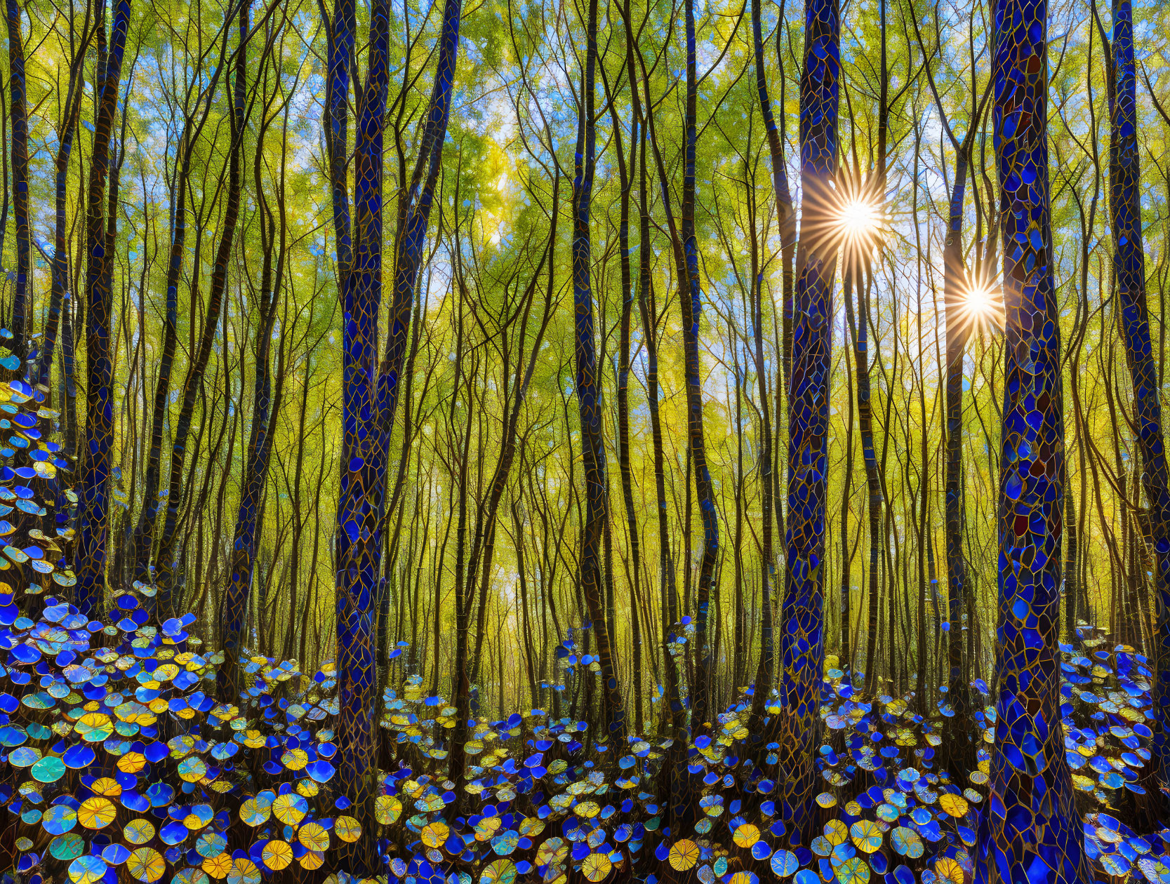 Blue-tinted trunks in a vibrant forest with golden light filtering through green leaves