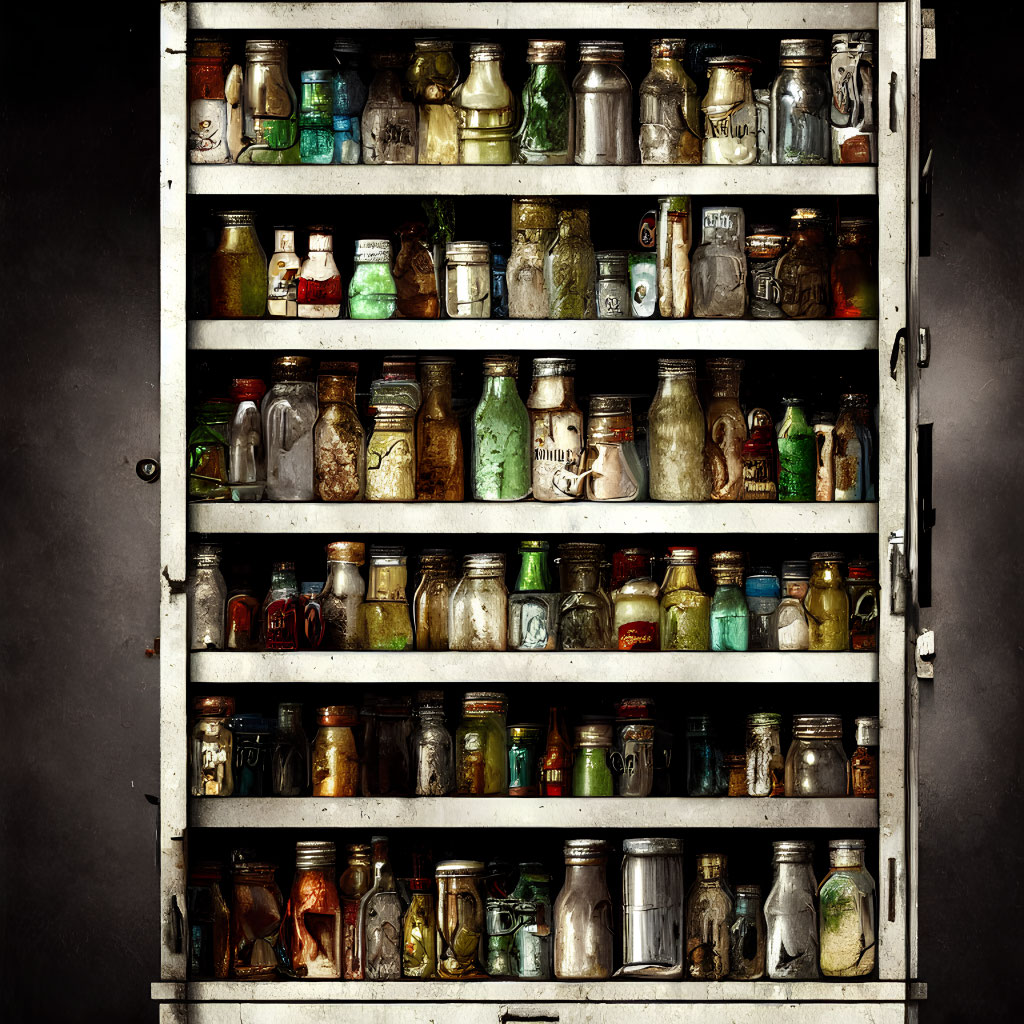 Assorted vintage glass jars in rustic cabinet display