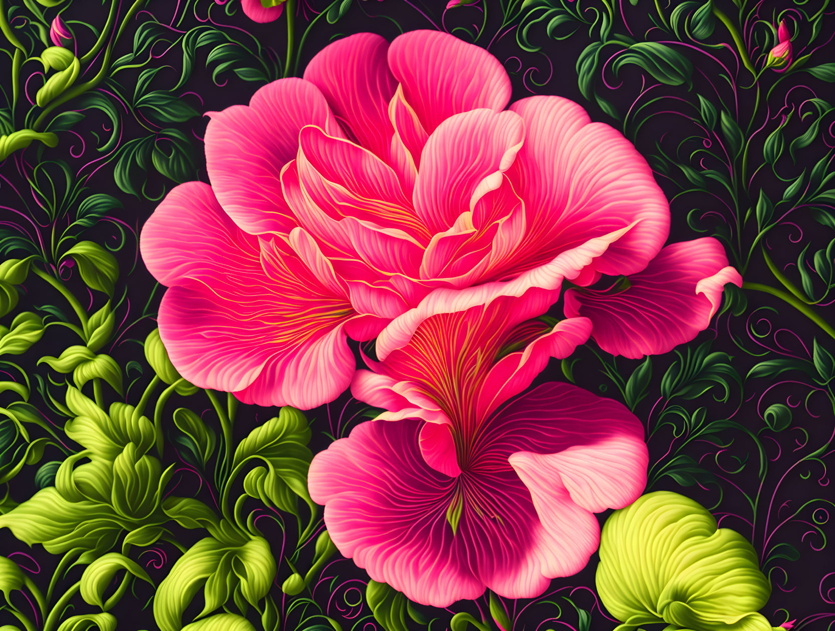 Intricate Pink Flower on Dark Background with Swirl Patterns