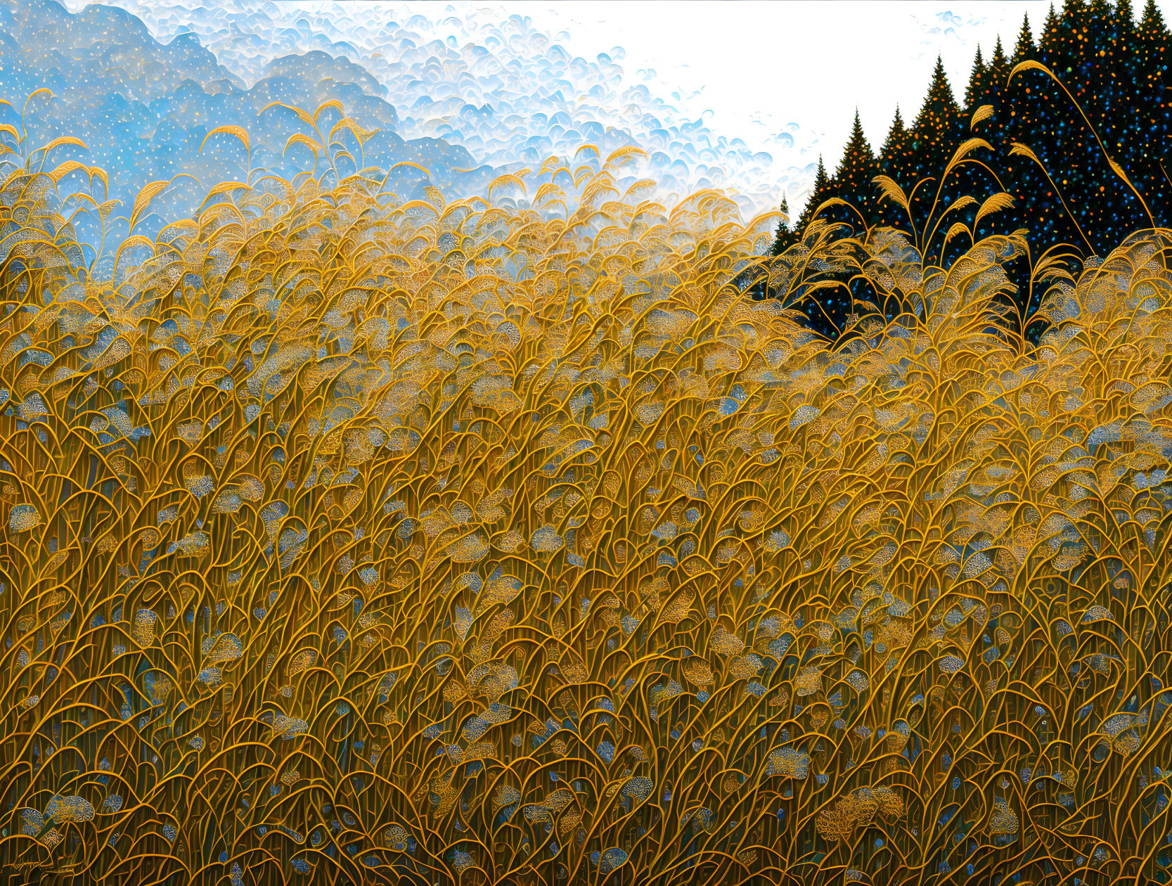 Stylized digital artwork of golden wheat field with pine trees and mountains under starry sky