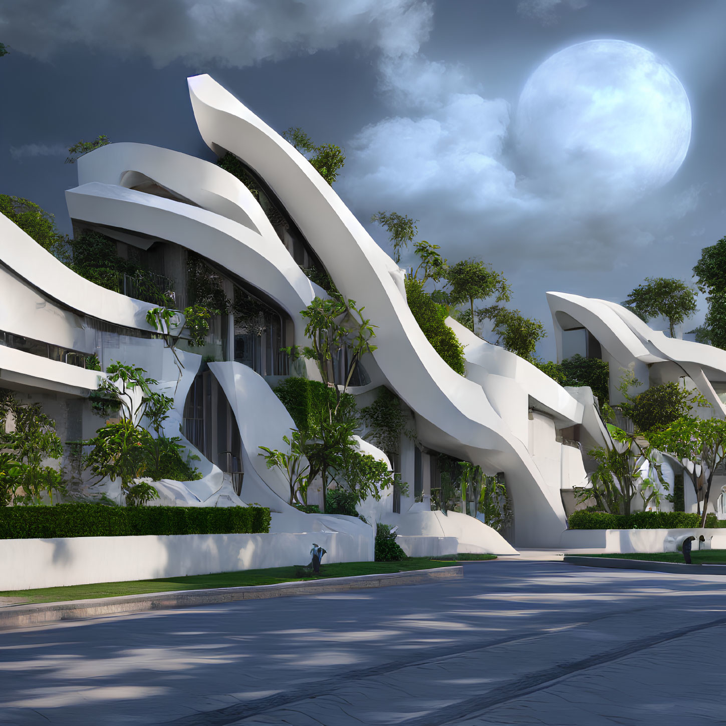 Curved white structures and greenery under moonlit sky