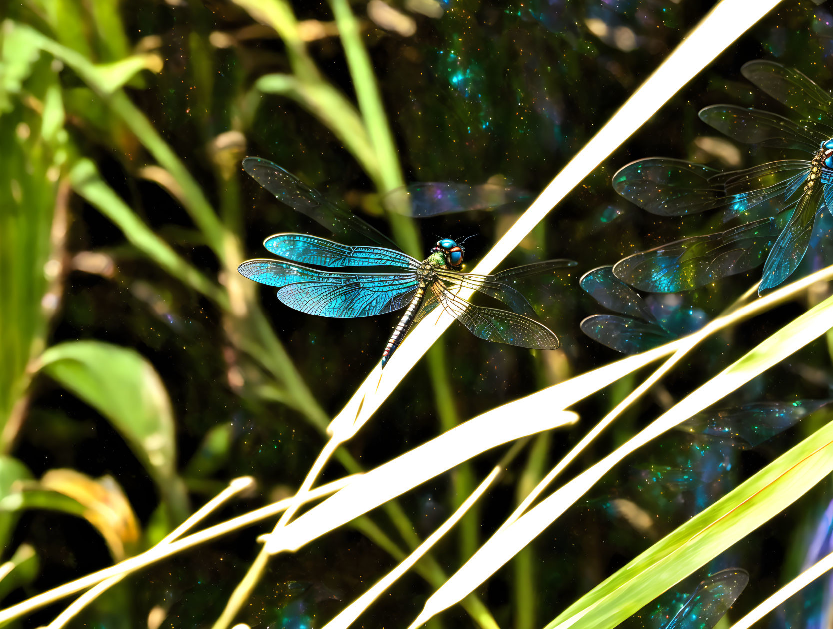 Blue dragonfly on grass blade with green foliage and soft-focus background