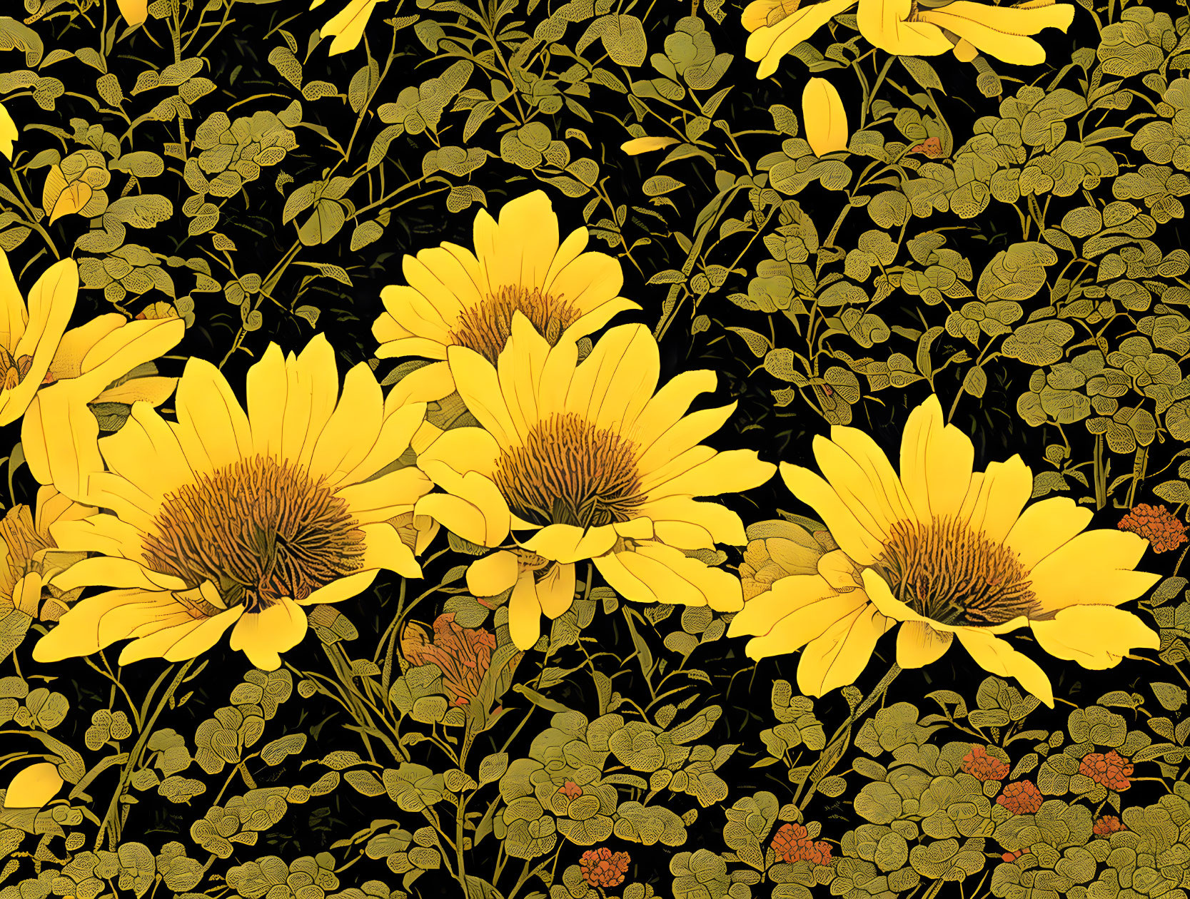 Yellow Sunflowers Pattern on Dark Background with Green Foliage